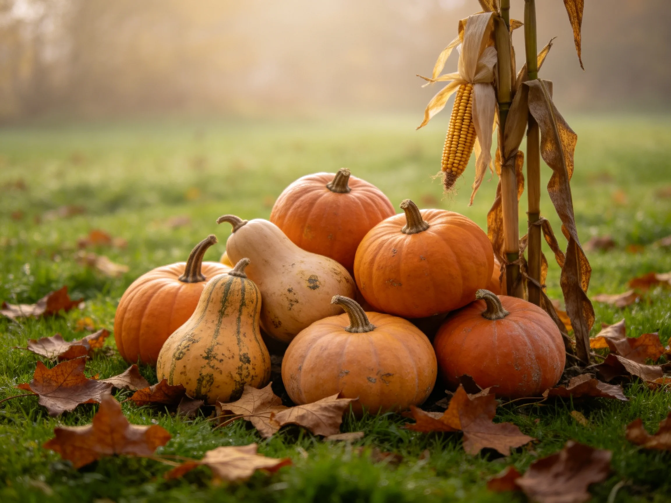Six pumpkins, two gourds, corn stalk, and autumn leaves on grass