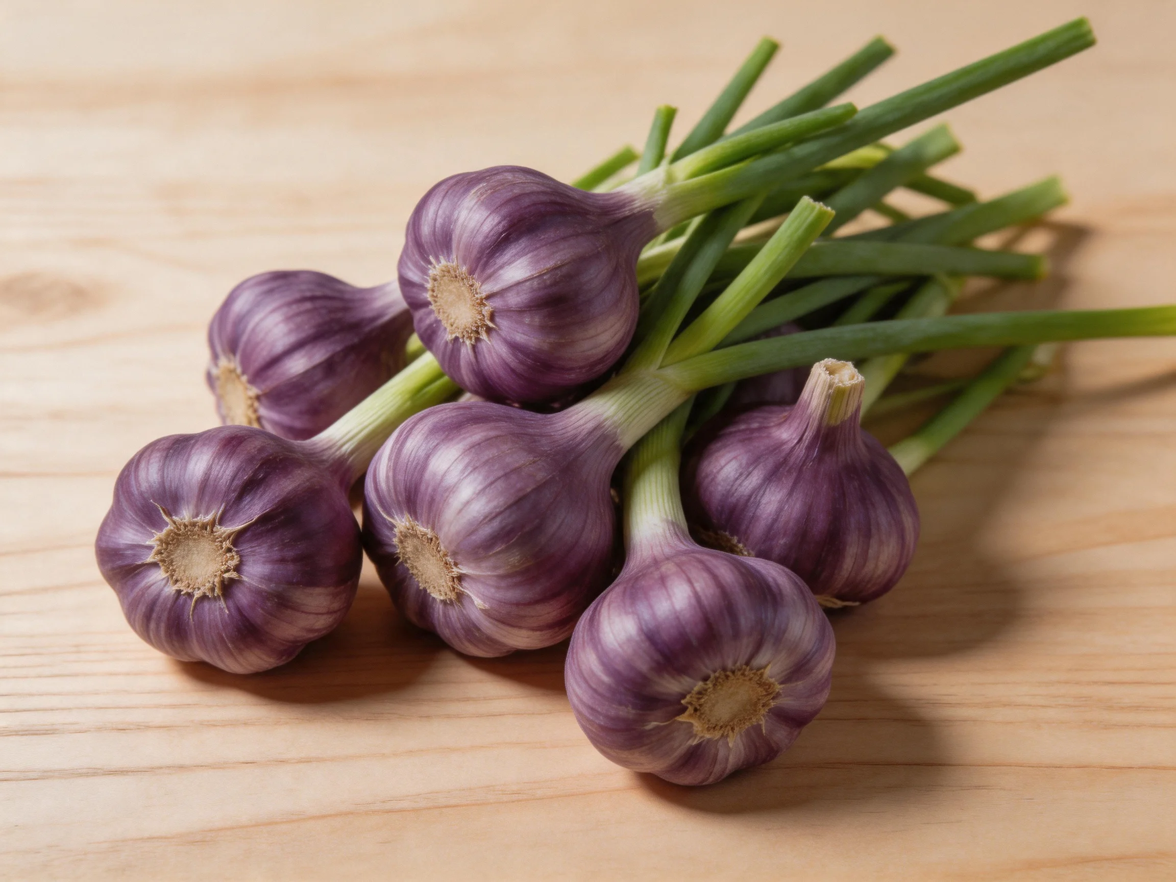 Six purple garlic bulbs with green stems on a light wooden surface