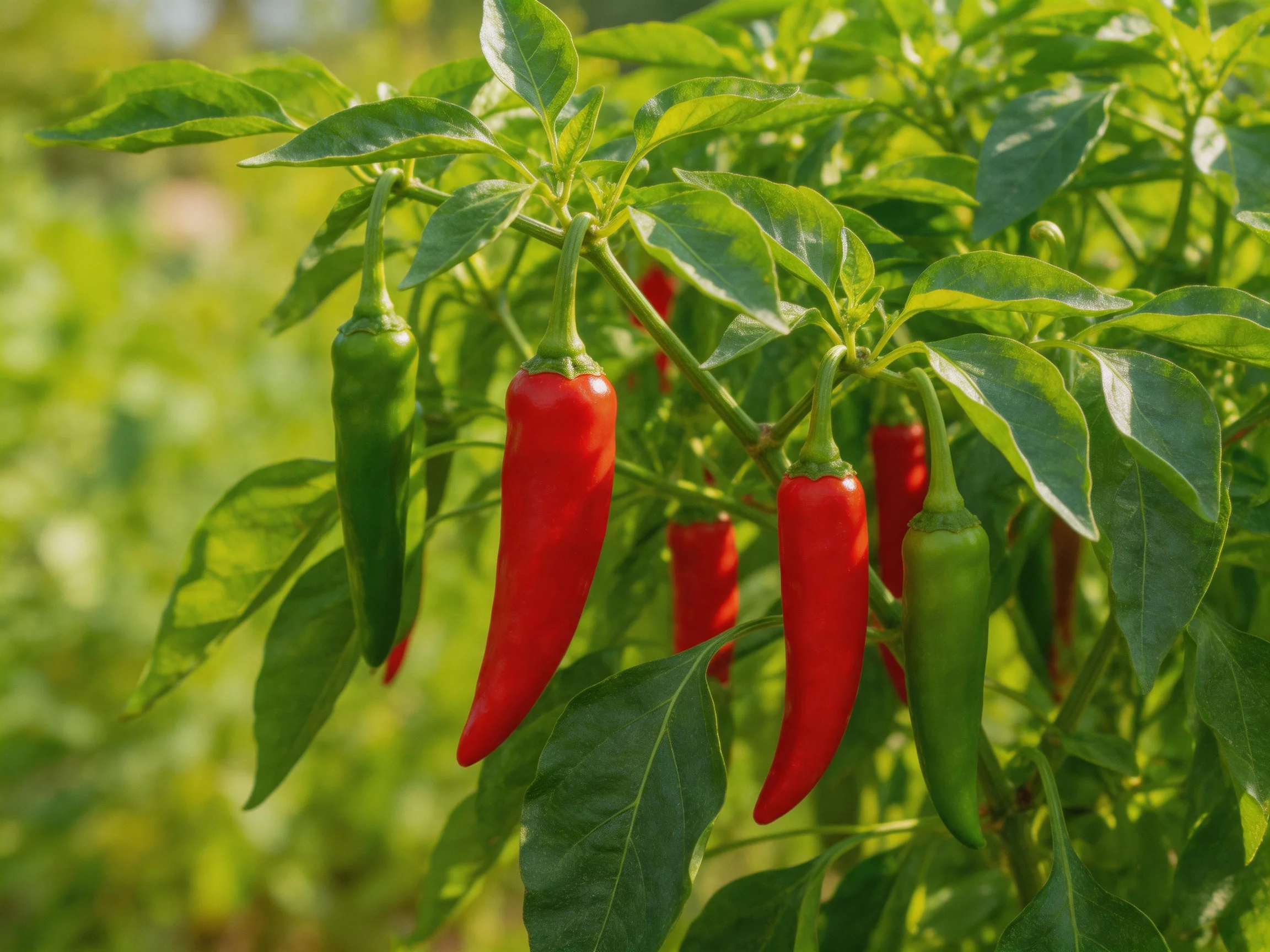 Six red and green chili peppers grow on a leafy plant