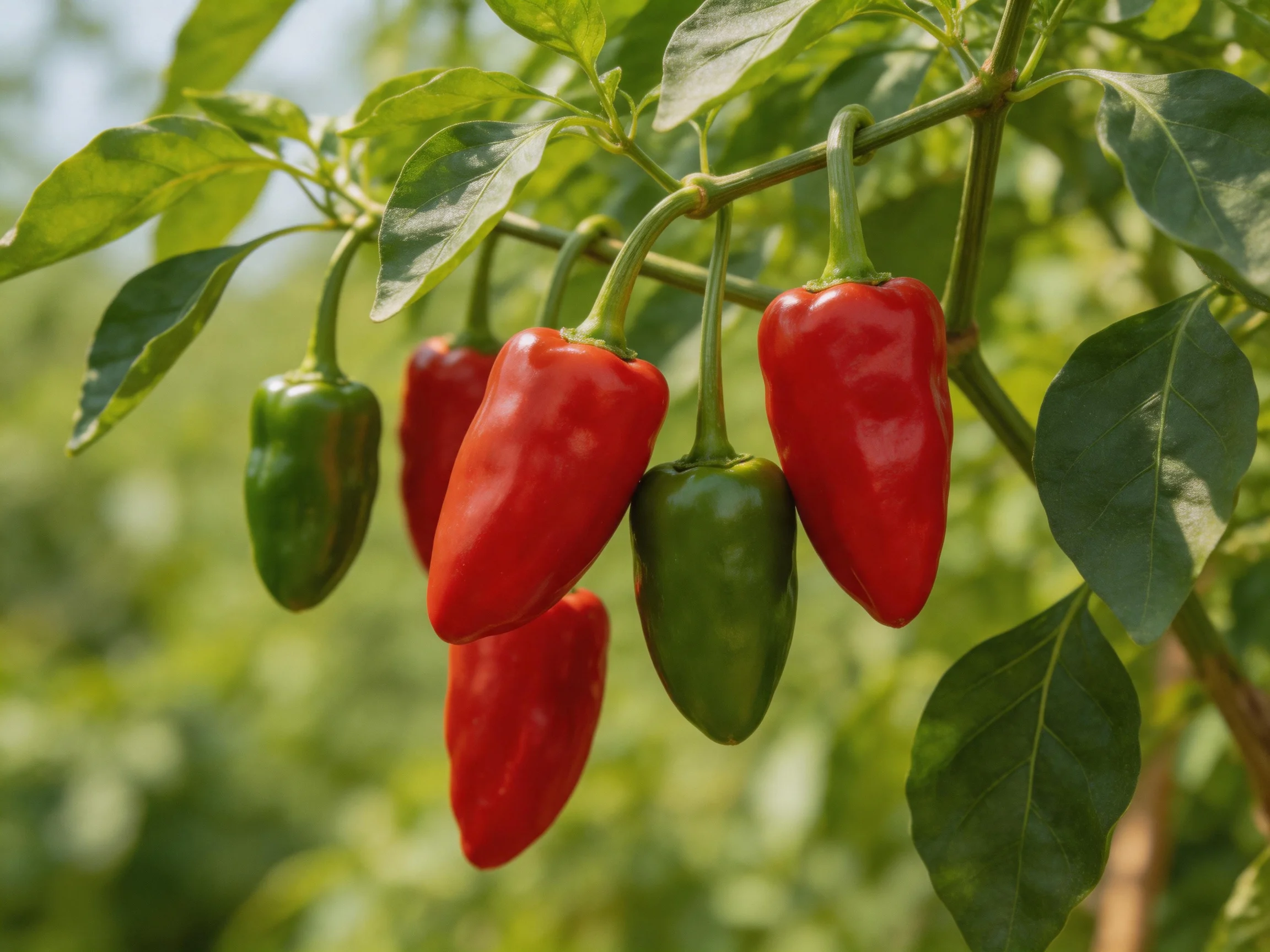 Six red and green chili peppers hang from a leafy plant