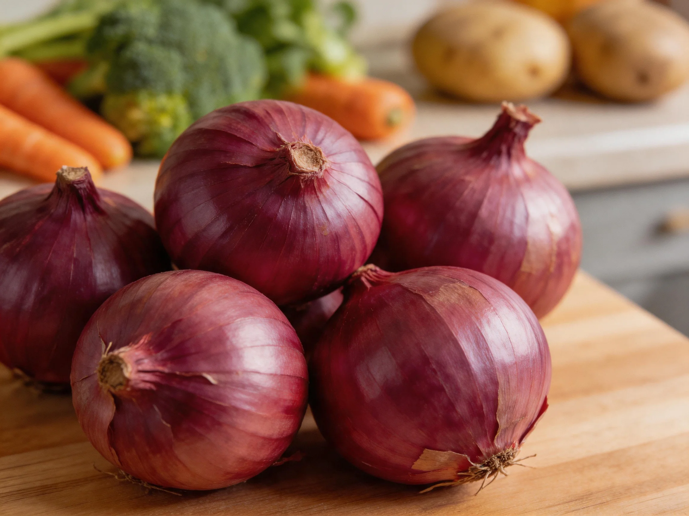 Six red onions on a wooden cutting board with vegetables in the background