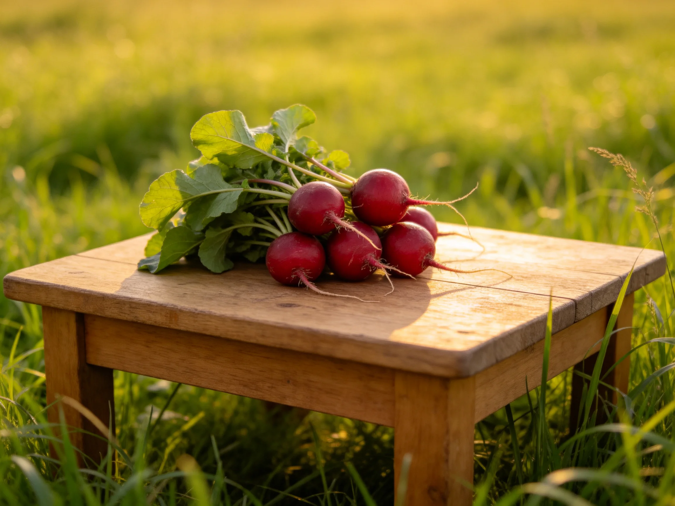 Six red radishes with green leaves on a wooden table in a sunlit meadow