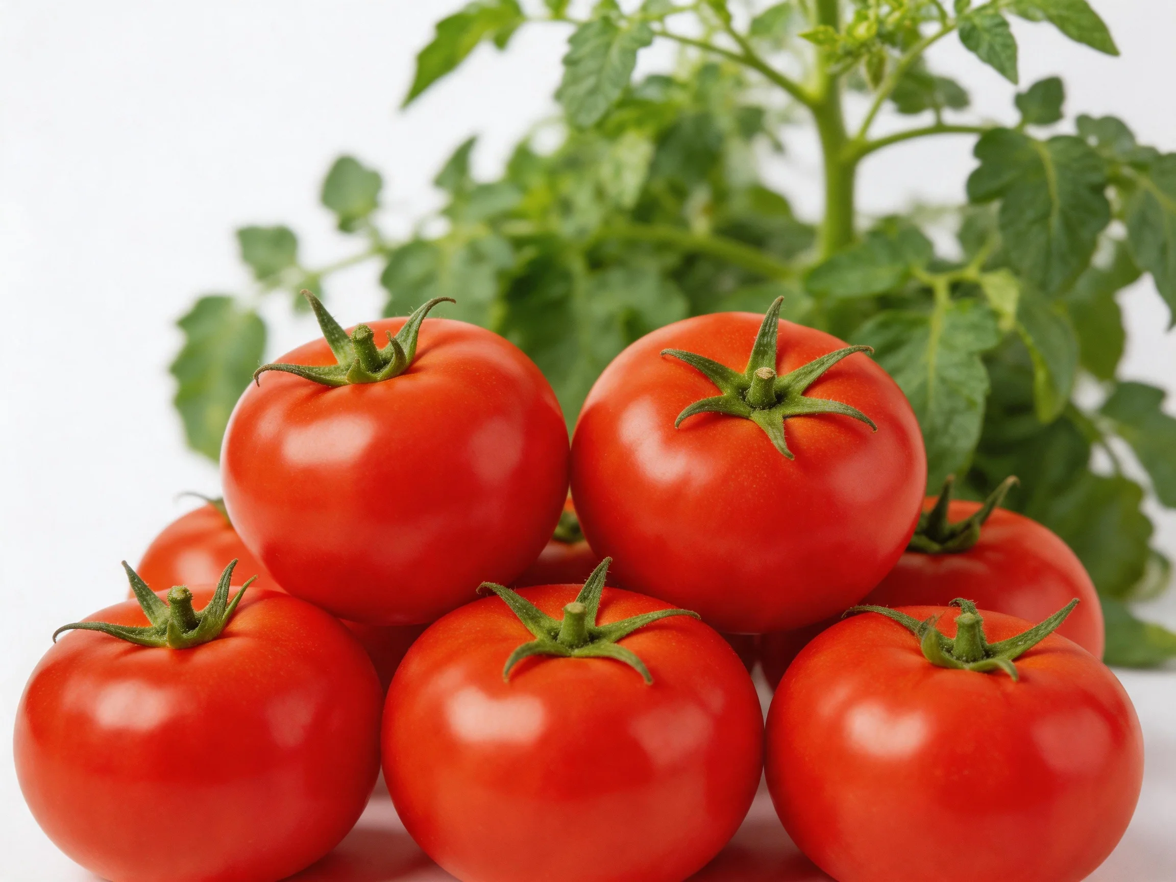 Six ripe red tomatoes arranged near leafy green tomato plants
