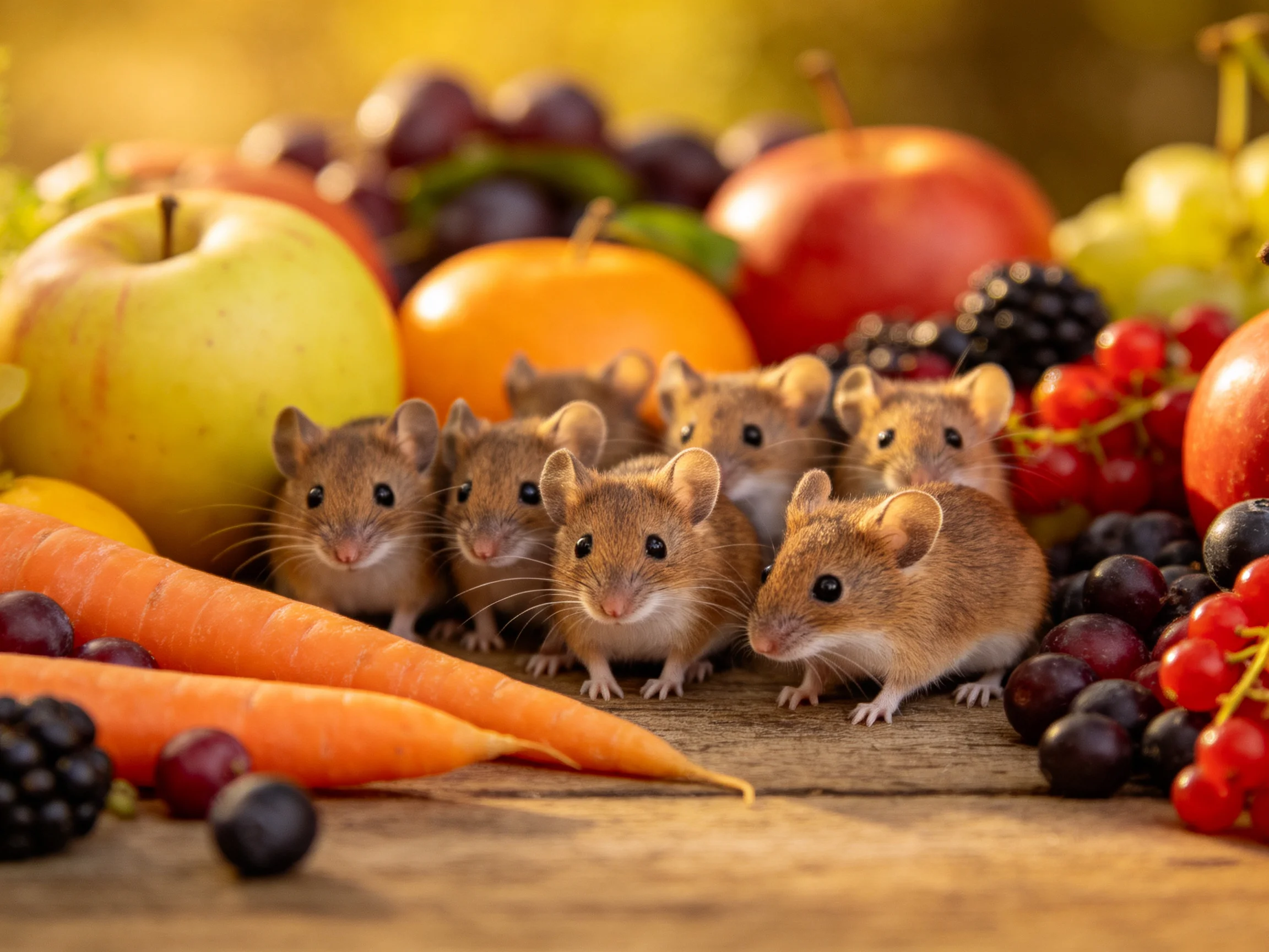 Six small brown mice gathered among vibrant fruits and vegetables