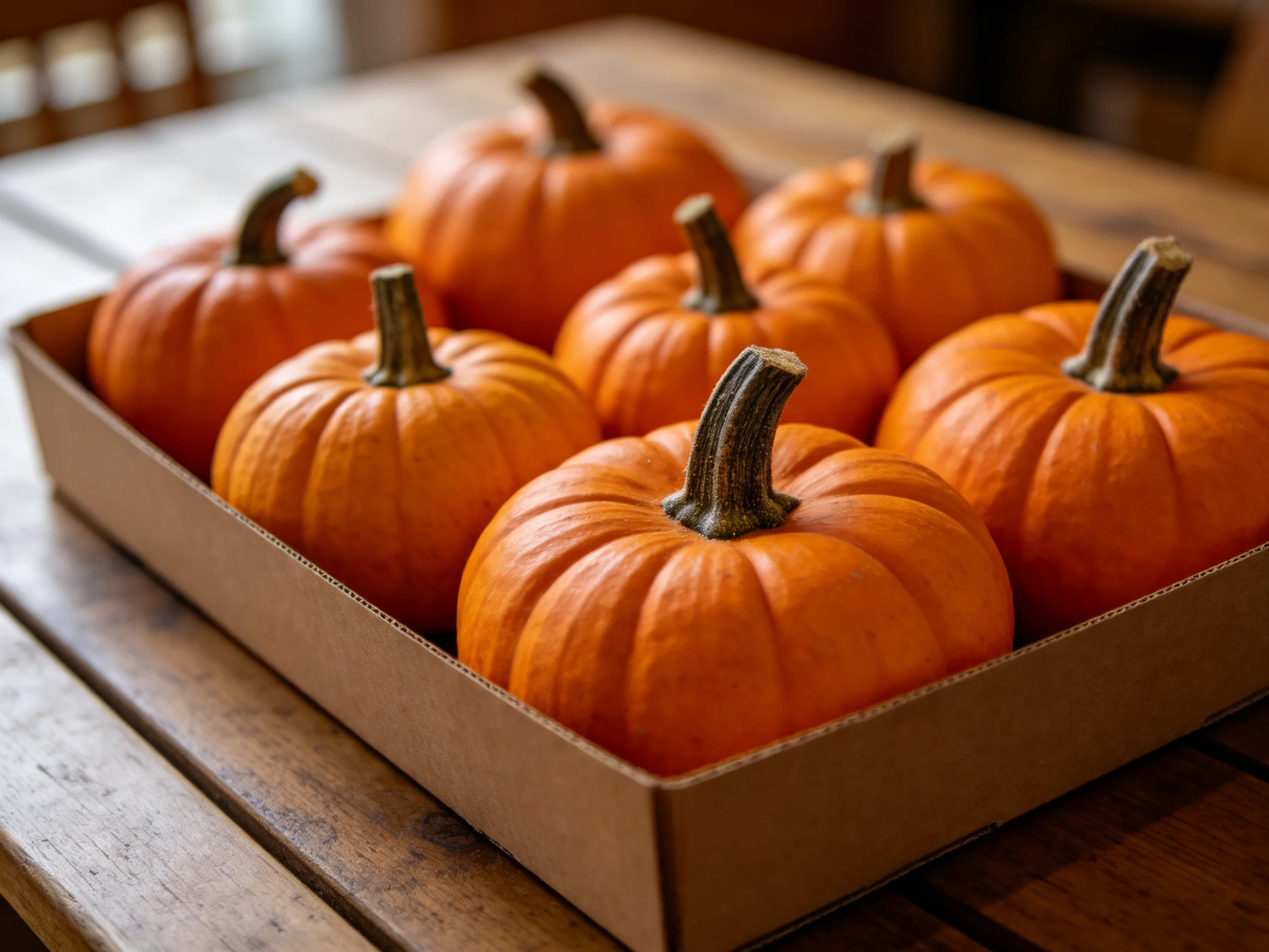Six small orange pumpkins arranged in a brown cardboard tray