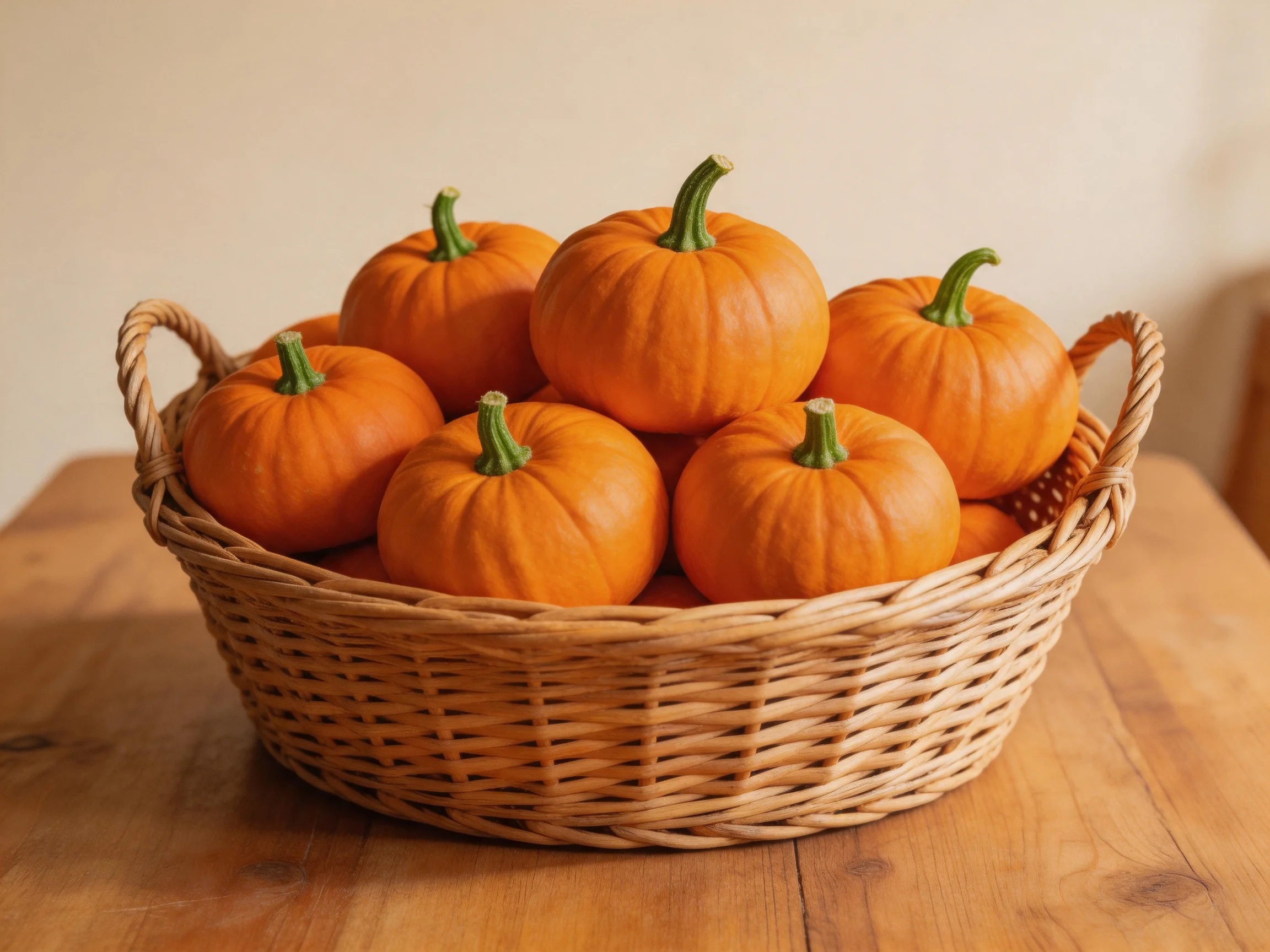 Six small orange pumpkins arranged in a woven wicker basket