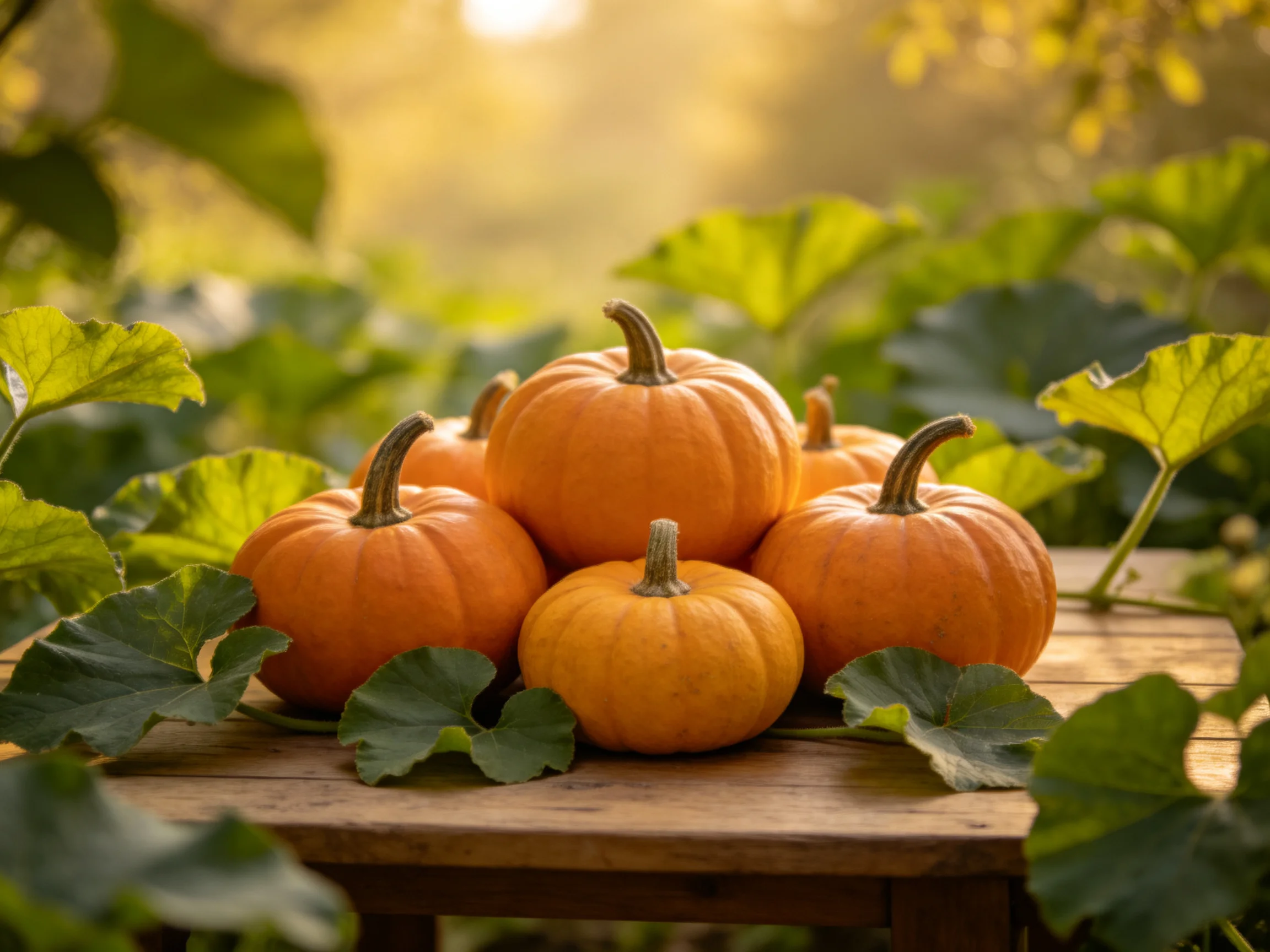 Six small orange pumpkins arranged on a rustic wooden table among green foliage