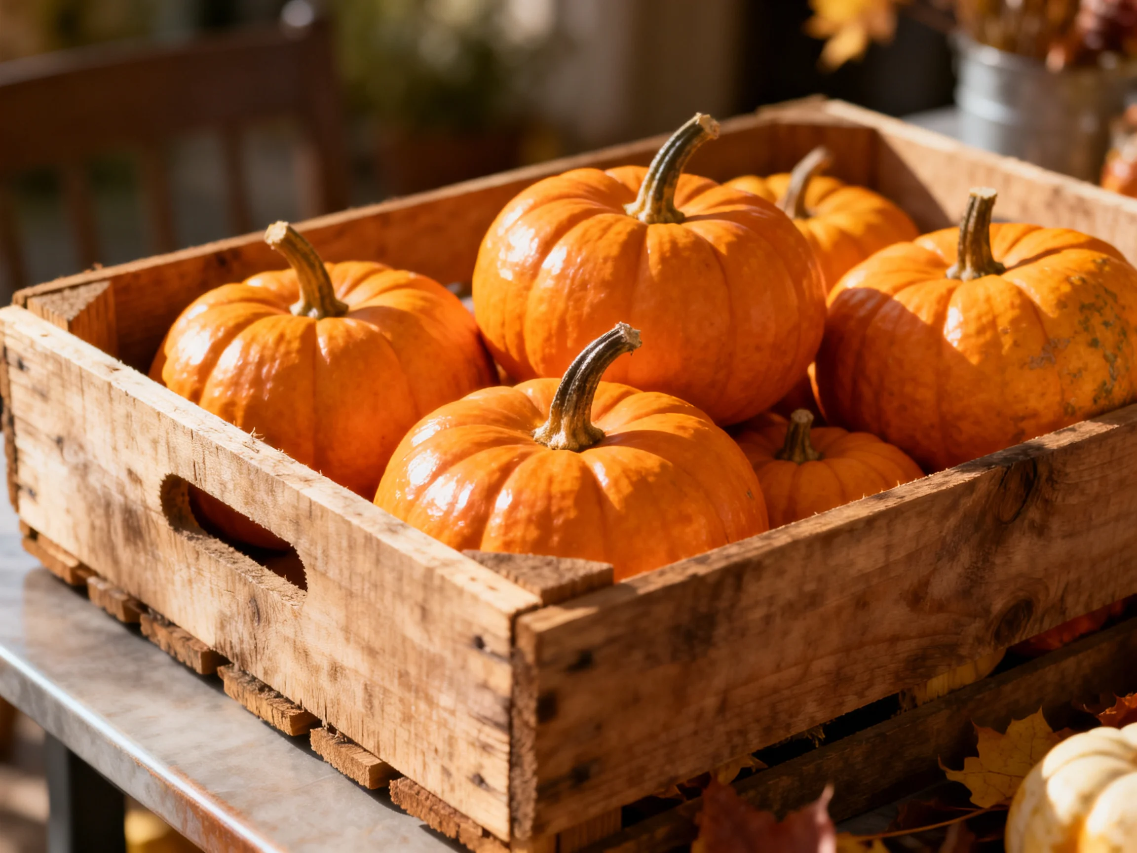 Six small orange pumpkins in a rustic wooden crate