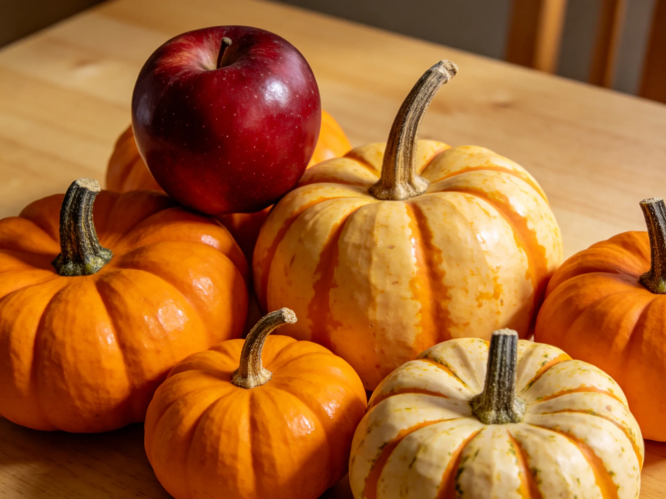 Six small pumpkins and one red apple on a wooden surface