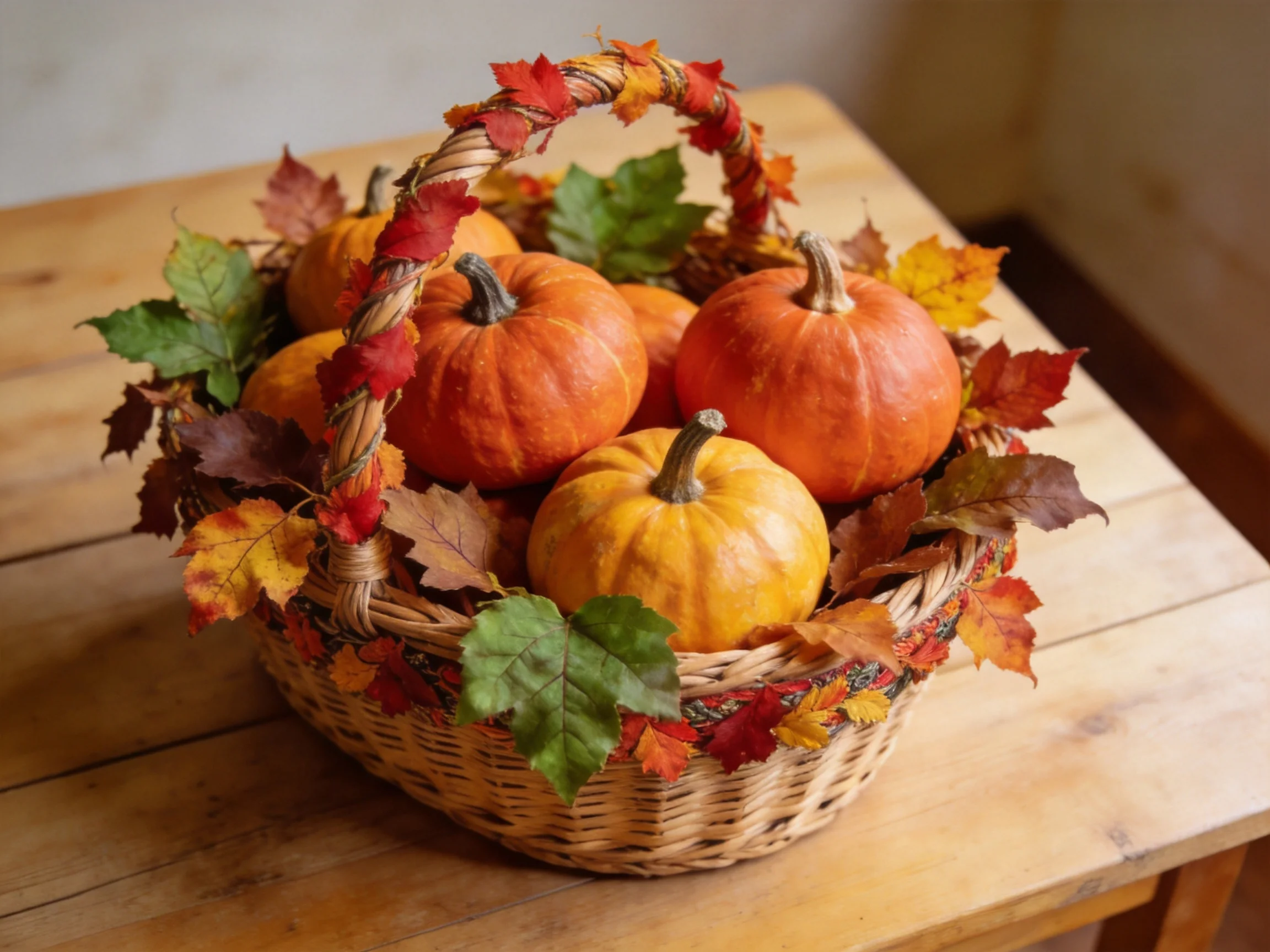 Six small pumpkins arranged in a leaf-decorated wicker basket on a wooden table