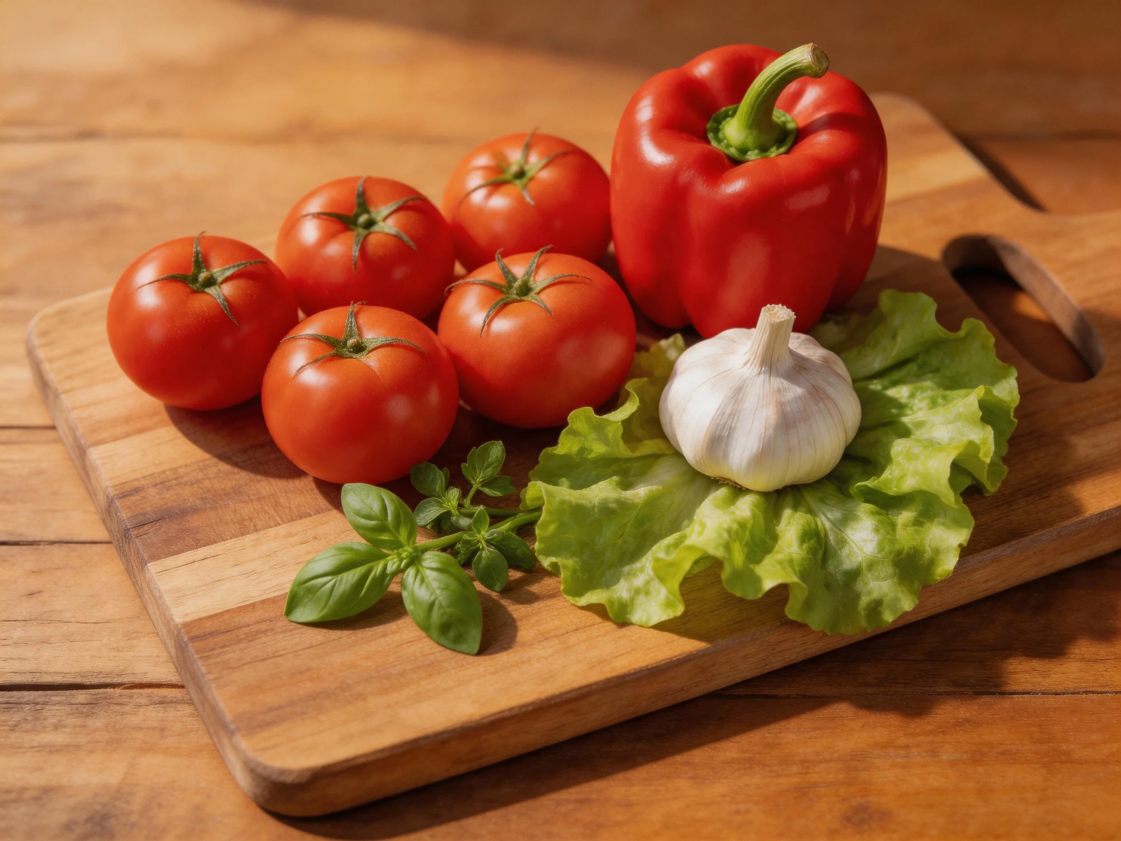 Six tomatoes, red bell pepper, garlic, lettuce, and basil on a wooden cutting board