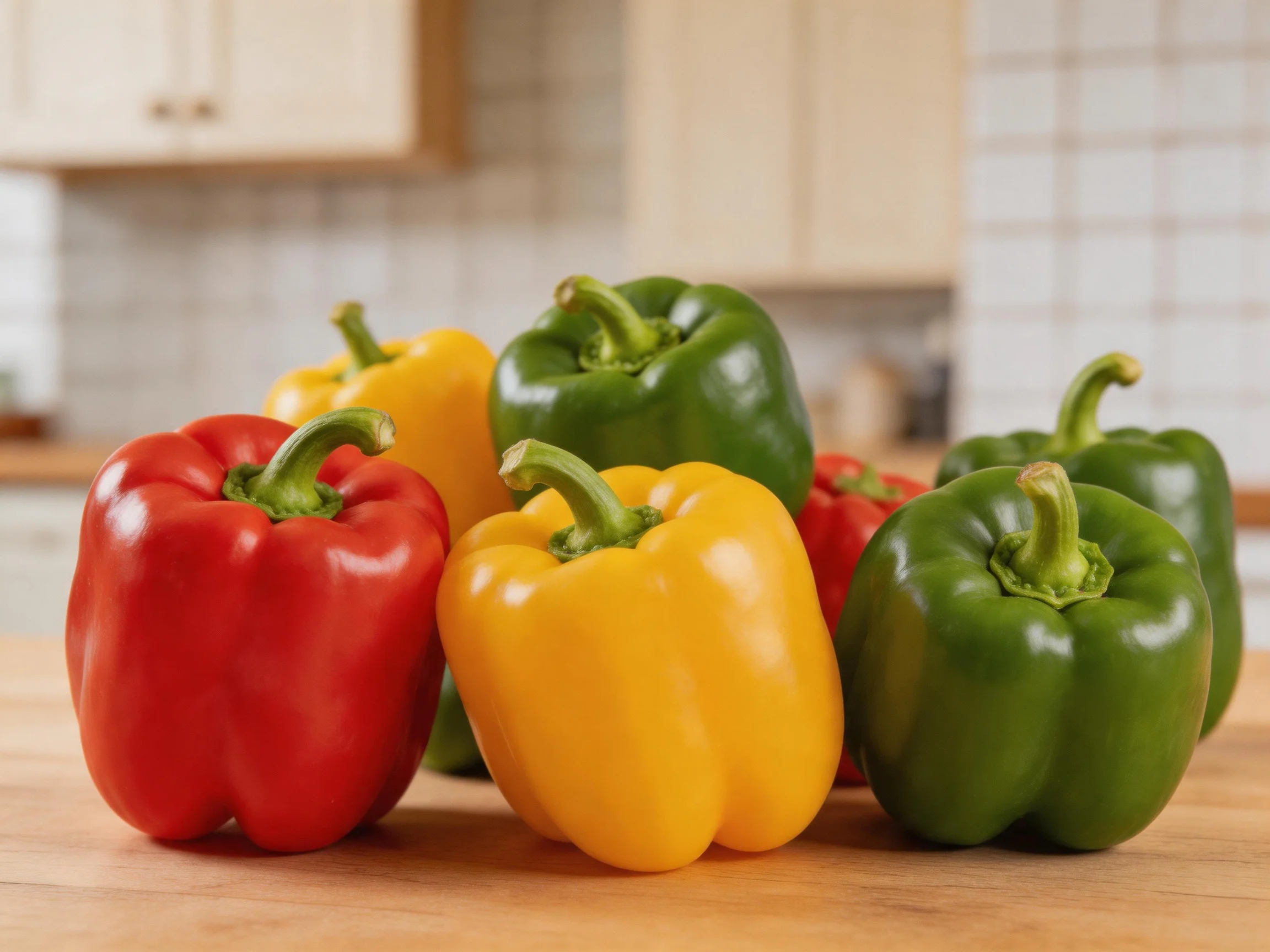 Six vibrant bell peppers arranged on a wooden surface in a kitchen setting