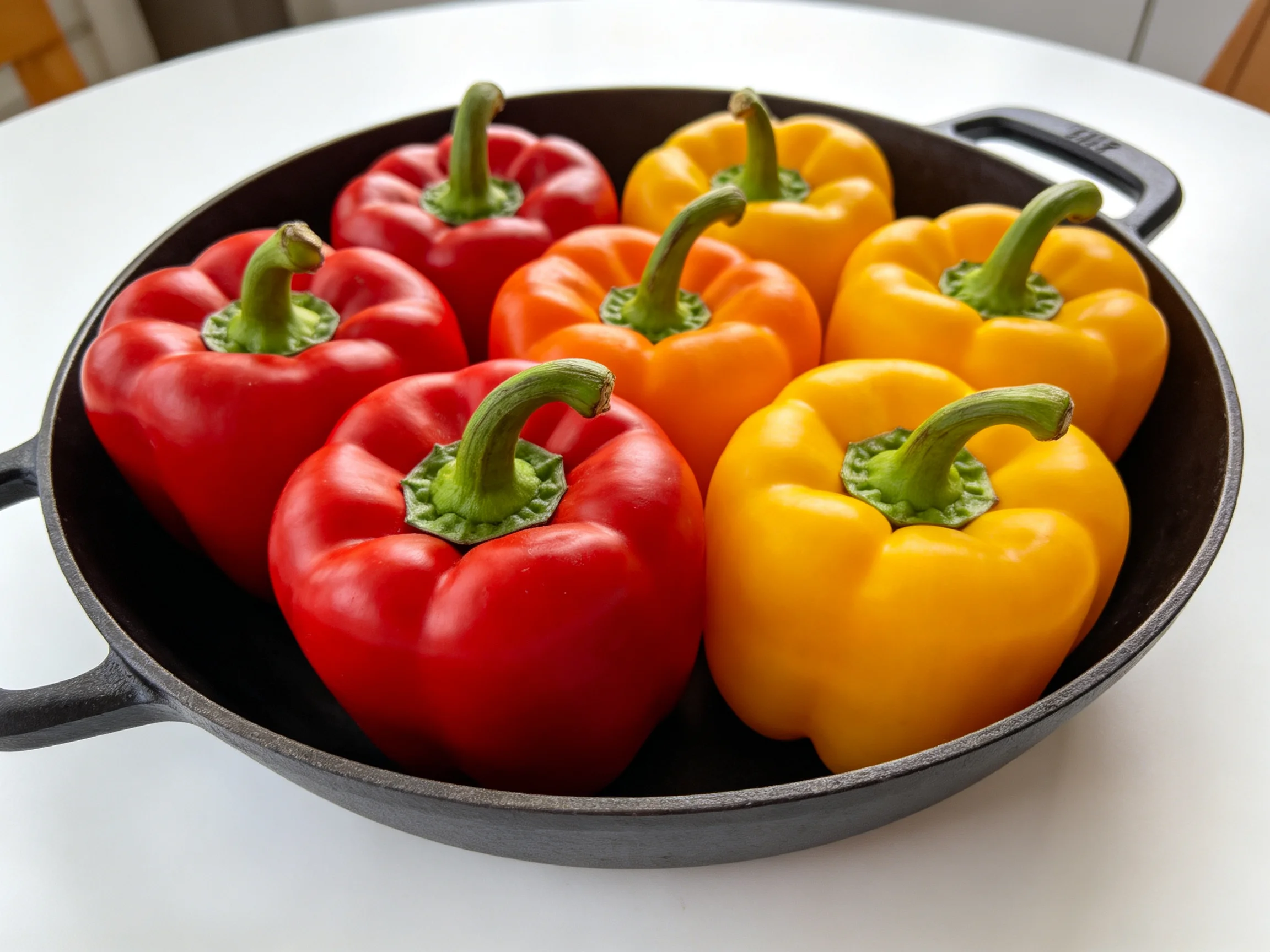 Six vibrant bell peppers in red, orange, and yellow hues inside a black cast iron skillet