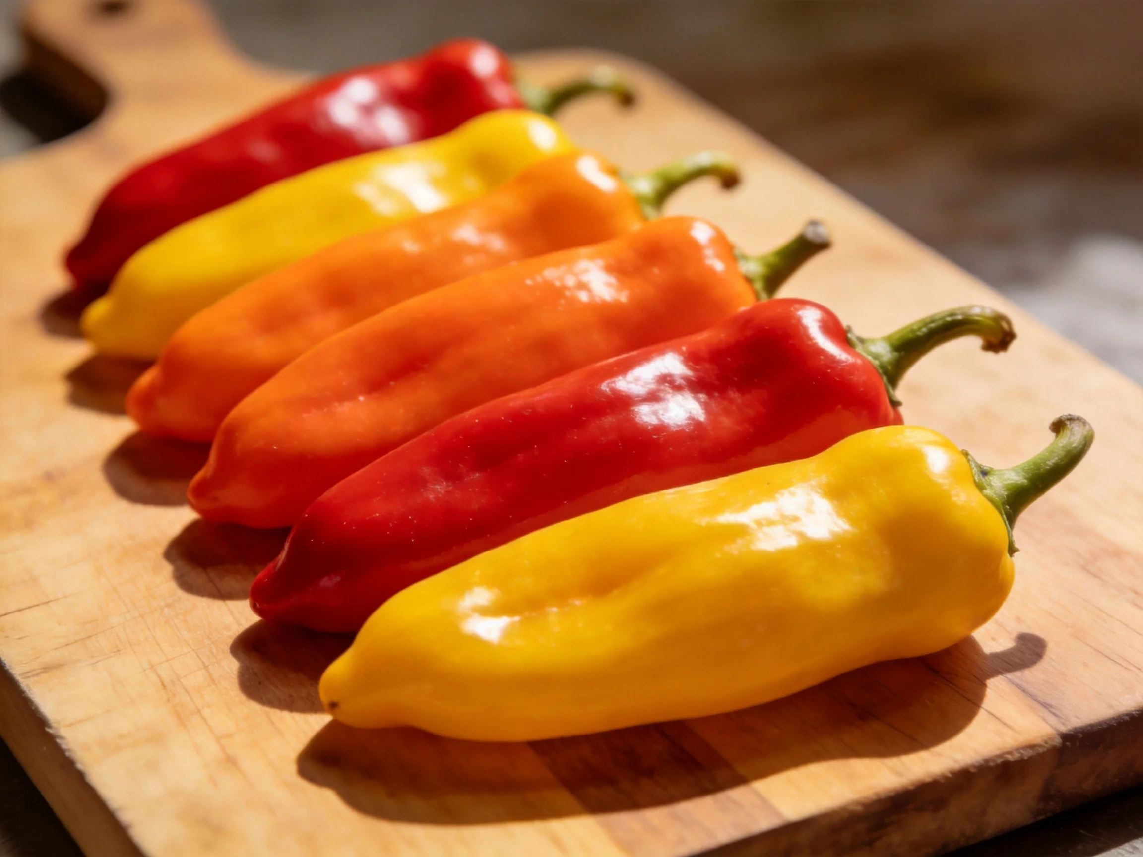 Six vibrant bell peppers in red, orange, yellow hues arranged on a wooden cutting board