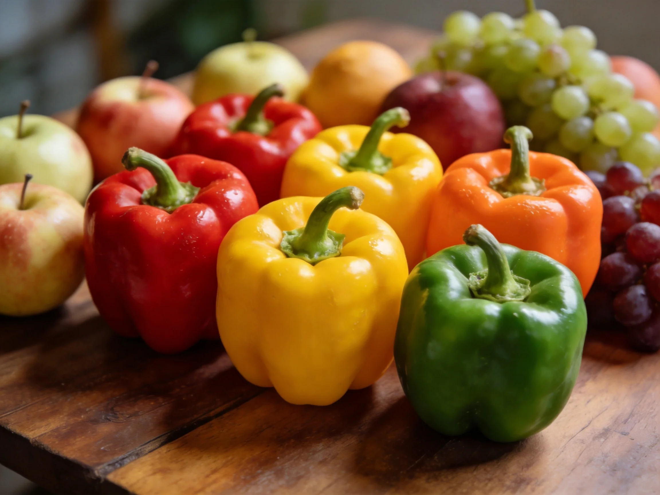Six vibrant bell peppers in red, yellow, orange, green with assorted fruits on wood