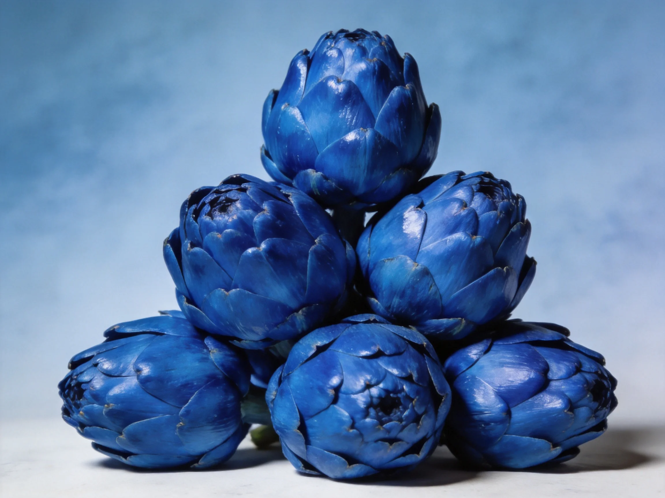 Six vibrant blue artichokes stacked in a pyramid formation