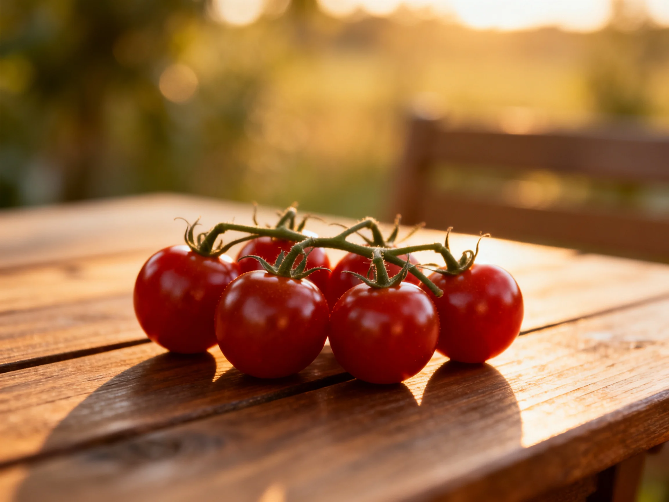 Six vibrant cherry tomatoes cluster on a polished wooden table outdoors