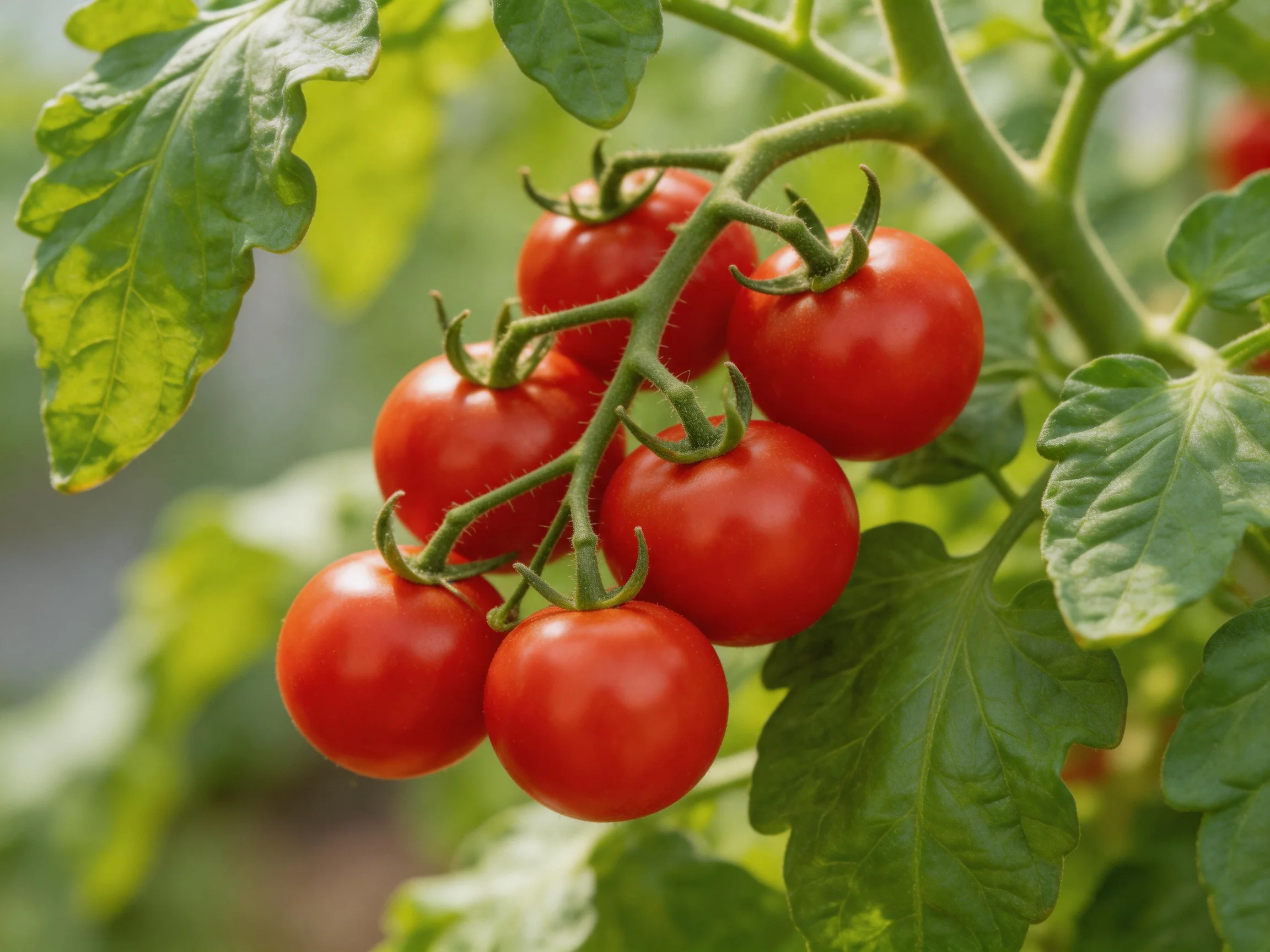 Six vibrant cherry tomatoes clustered on a green vine with lush foliage