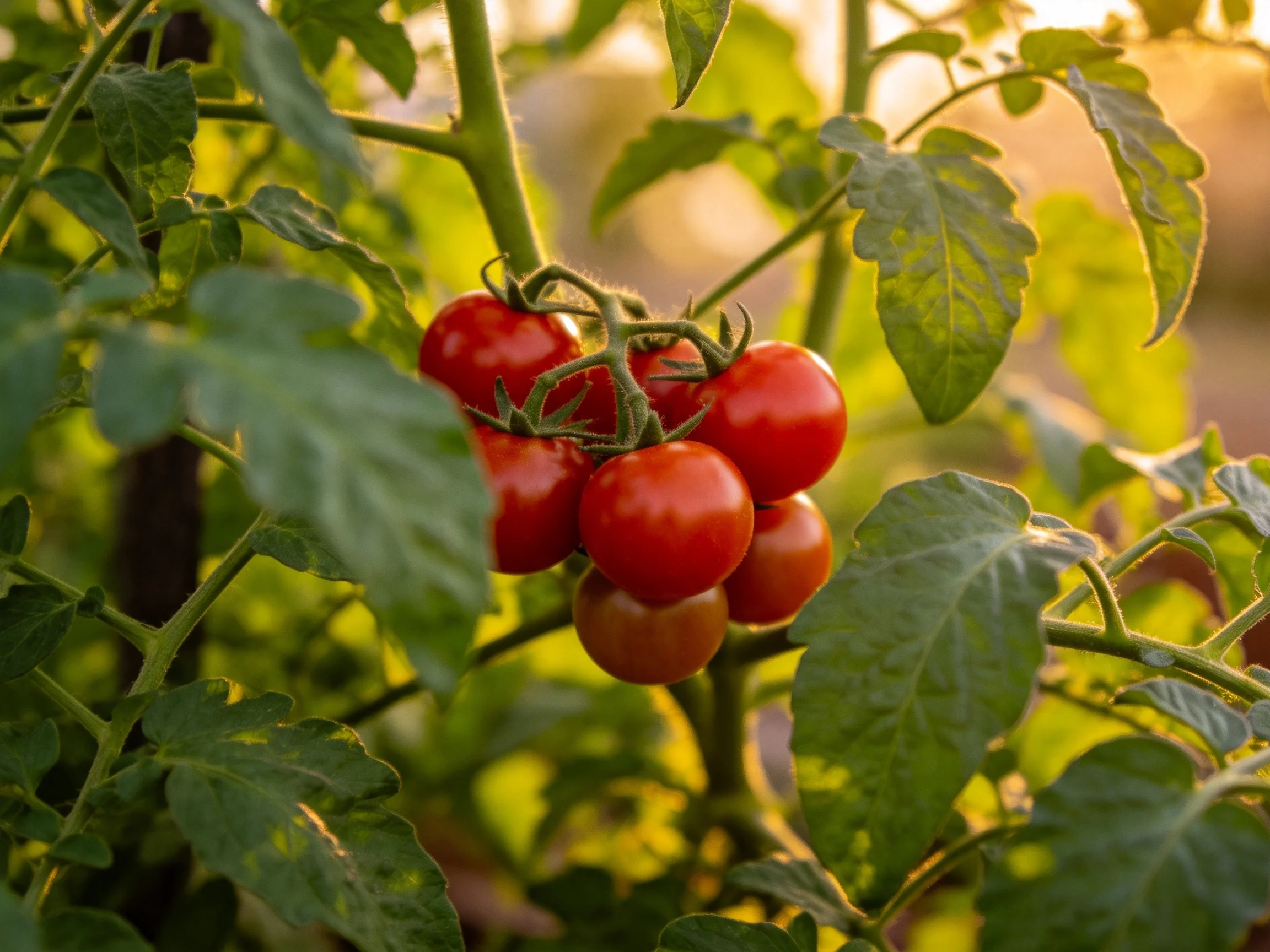 Six vibrant cherry tomatoes clustered on a lush green tomato plant