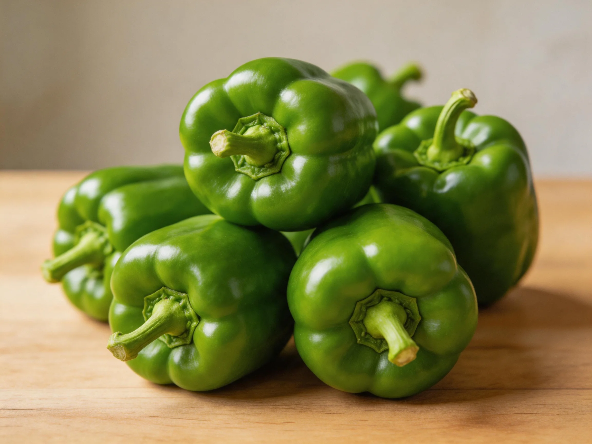 Six vibrant green bell peppers arranged on a wooden surface