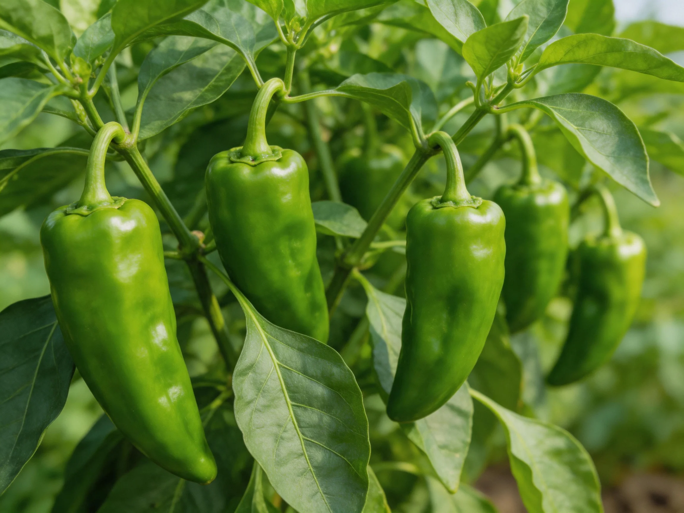 Six vibrant green chili peppers growing on lush foliage