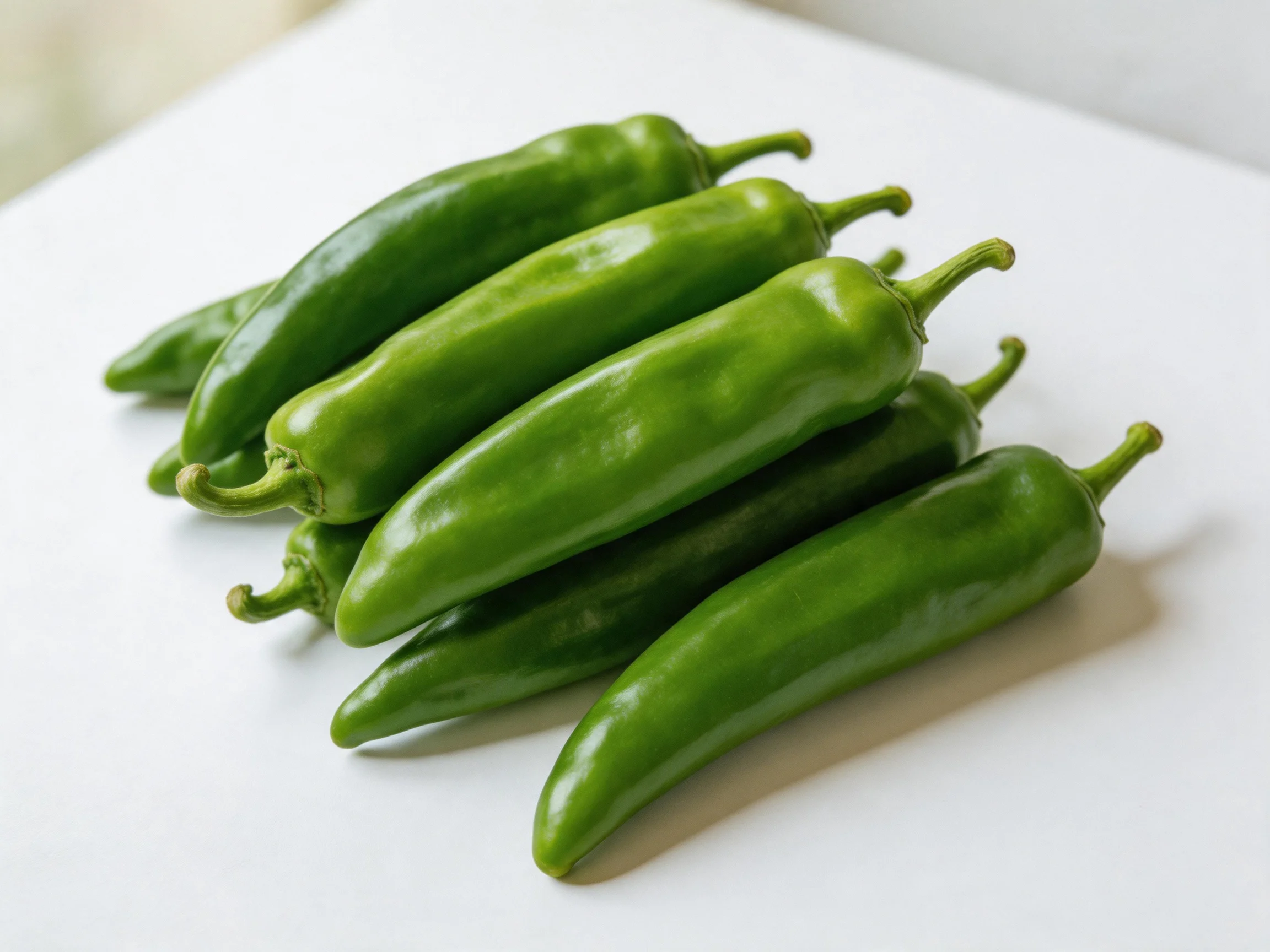Six vibrant green chili peppers stacked on a plain white surface