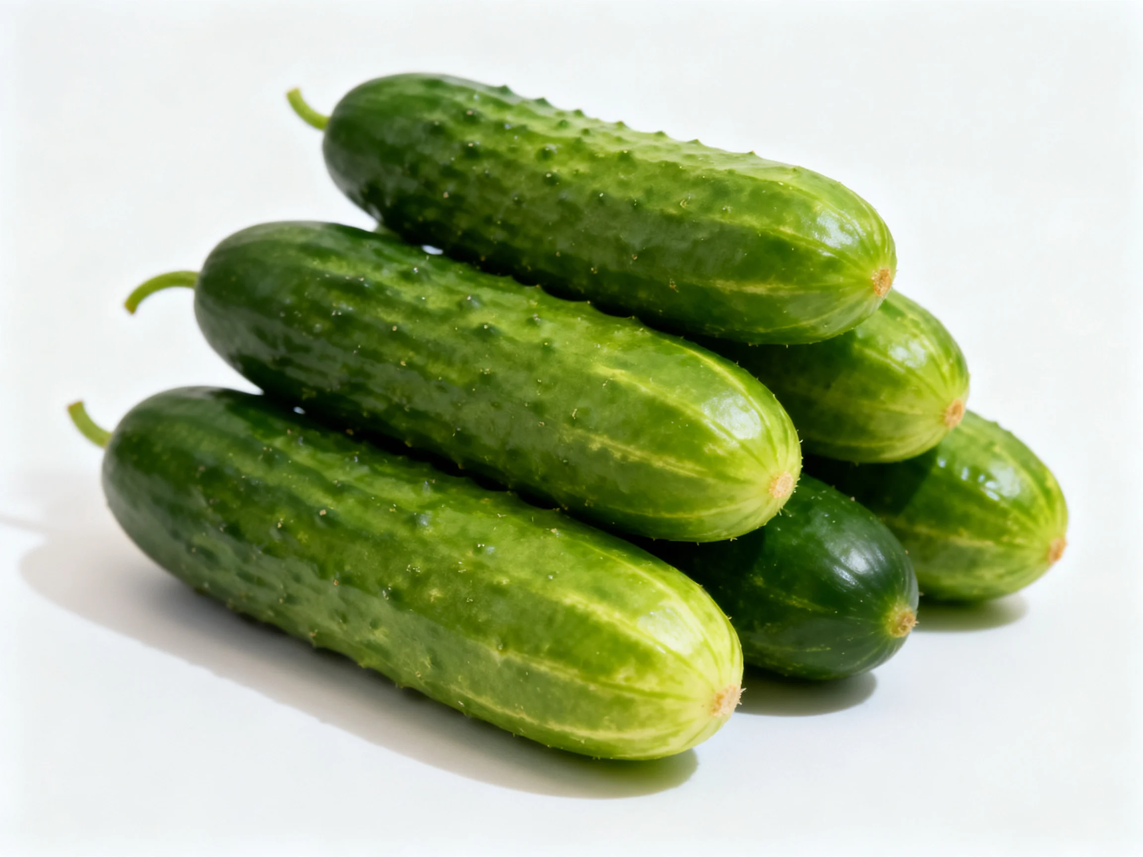 Six vibrant green cucumbers stacked in a pyramid formation