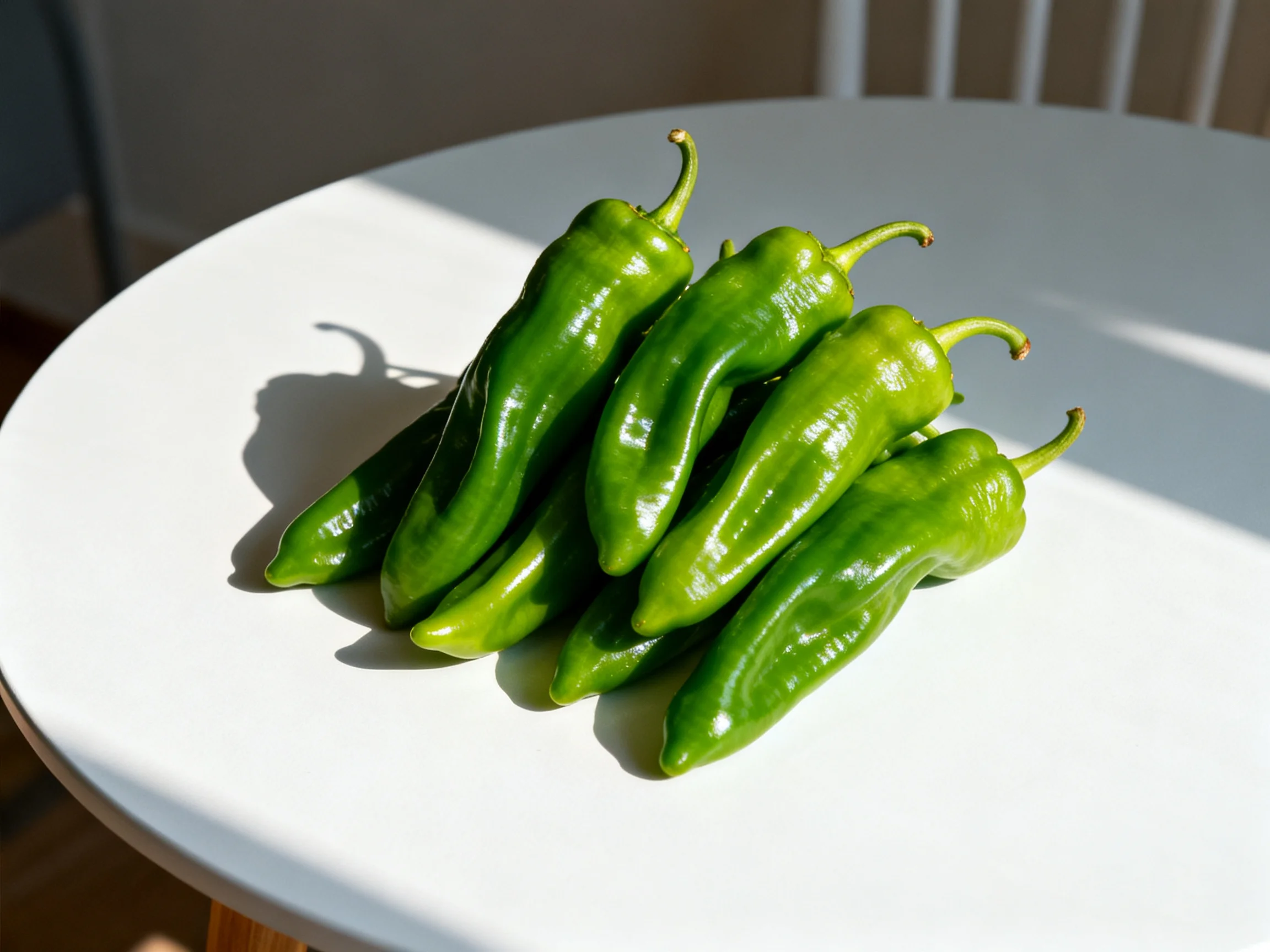 Six vibrant green peppers displayed on a smooth white round table