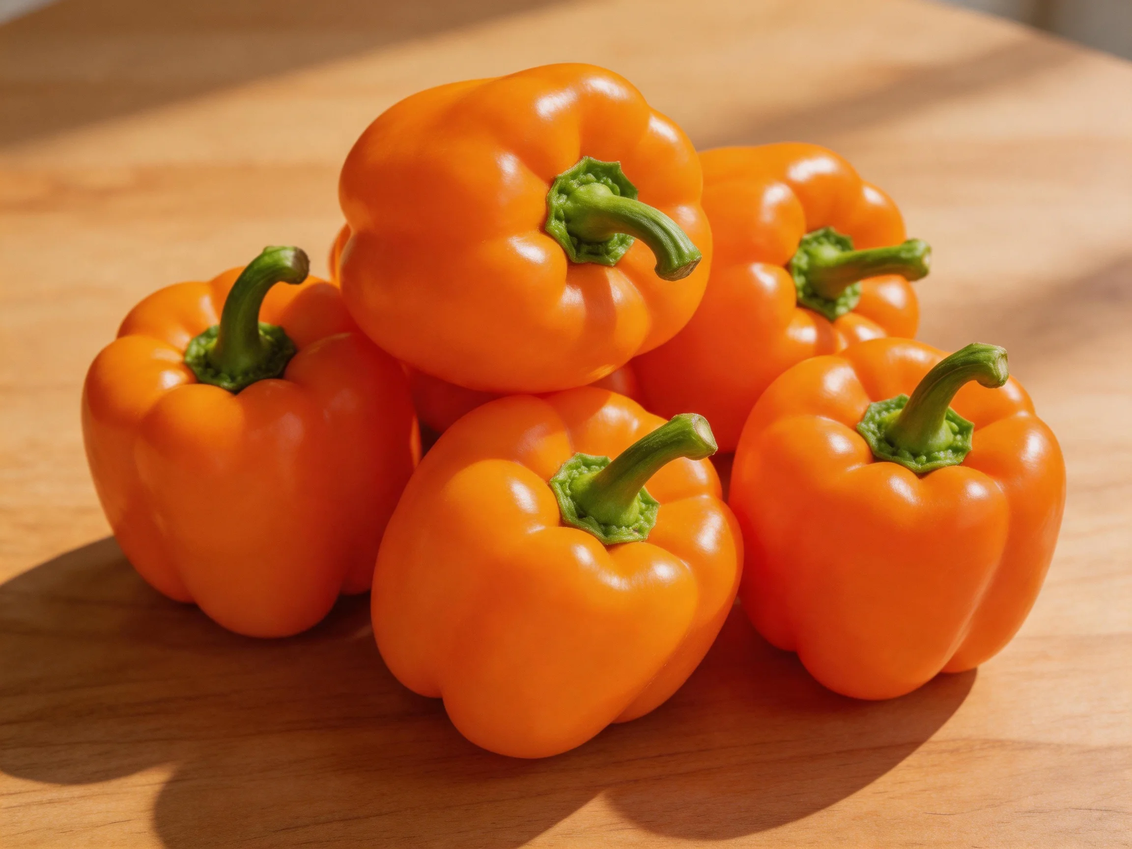 Six vibrant orange bell peppers arranged on a wooden surface