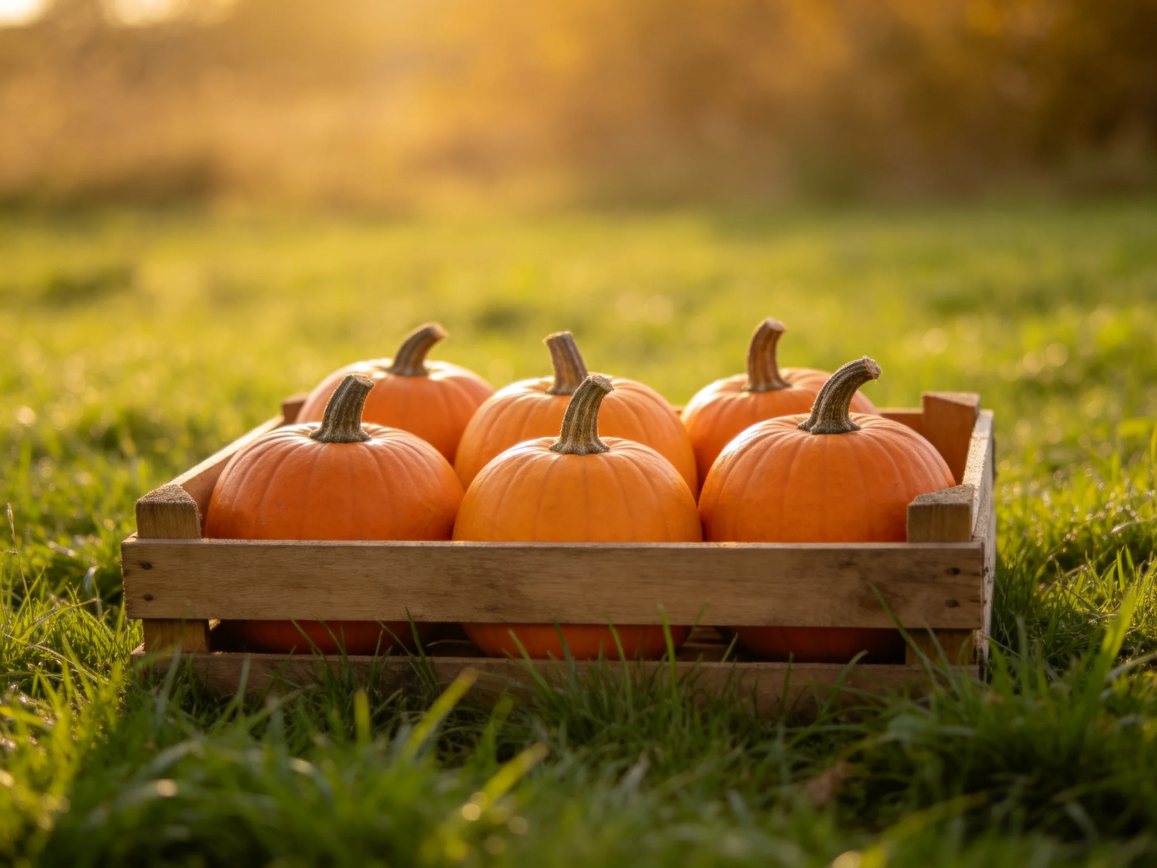 Six vibrant orange pumpkins arranged in a rustic wooden crate on lush green grass