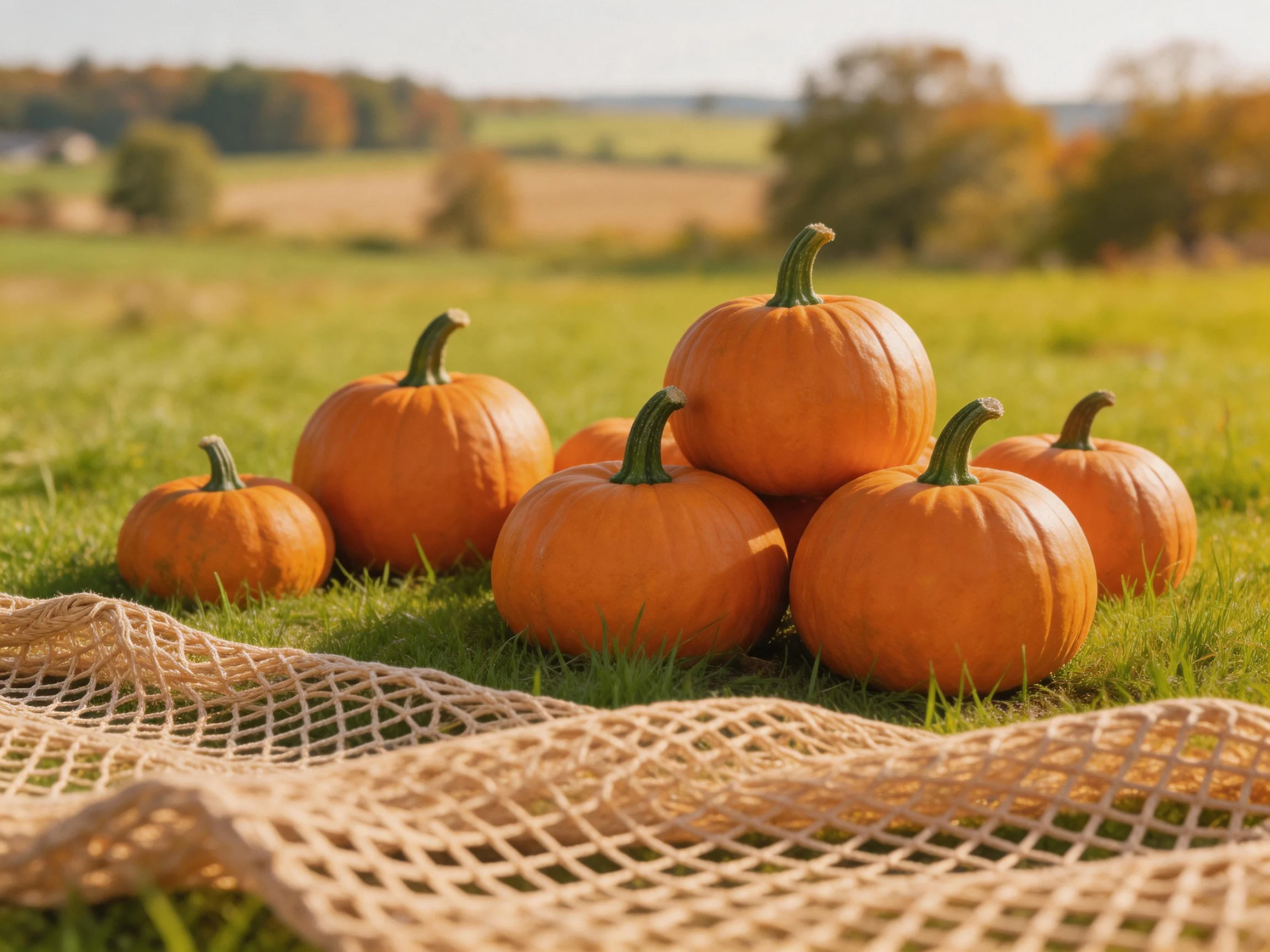 Six vibrant orange pumpkins arranged on a grassy field with burlap netting