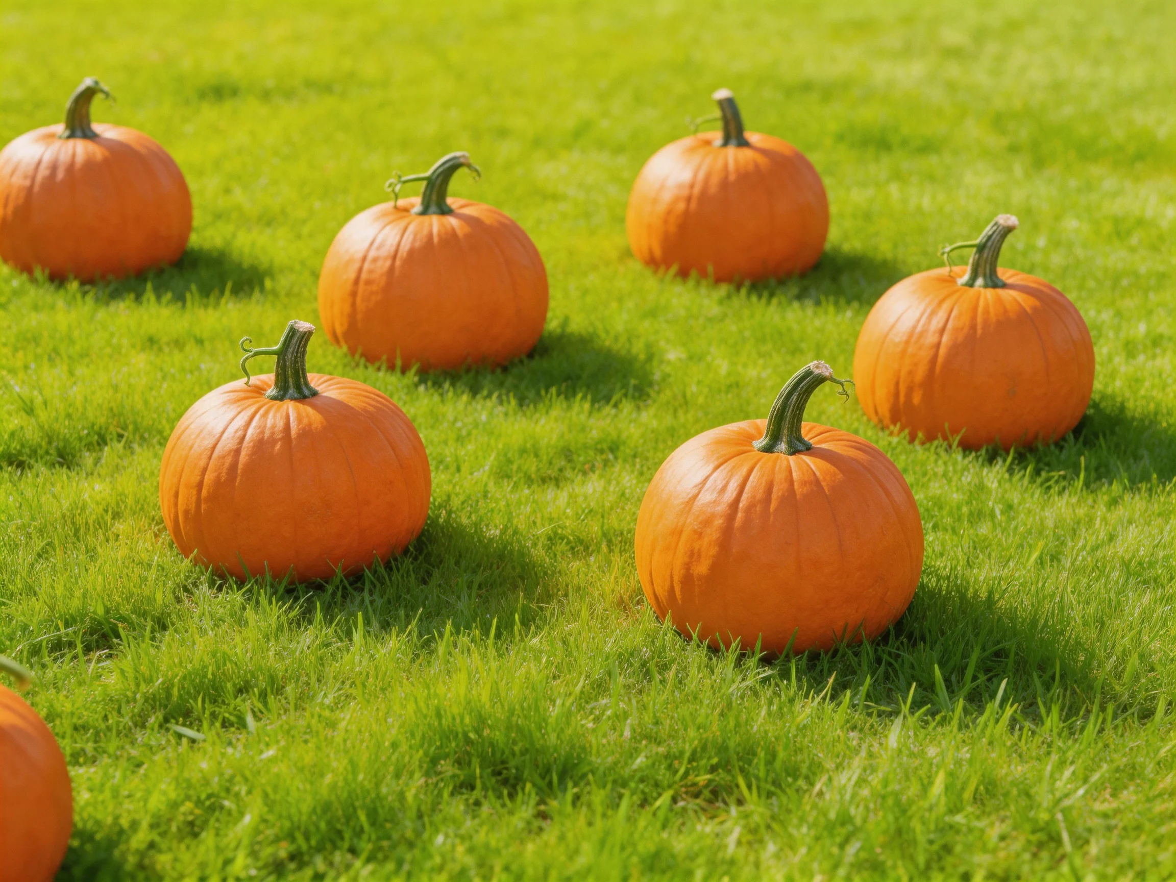Six vibrant orange pumpkins arranged on lush green grass
