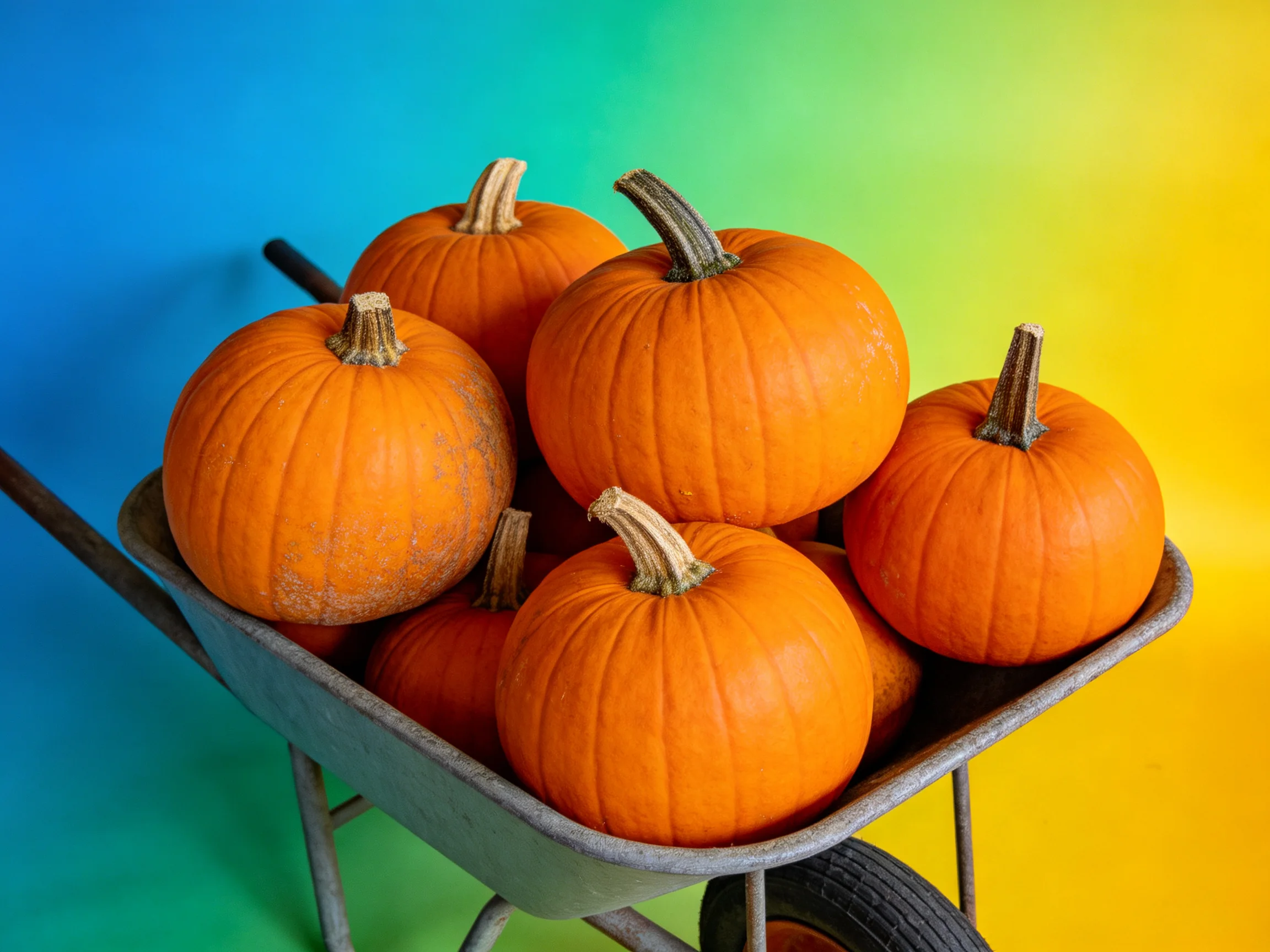 Six vibrant orange pumpkins fill an aged metal wheelbarrow against colorful gradient backdrop