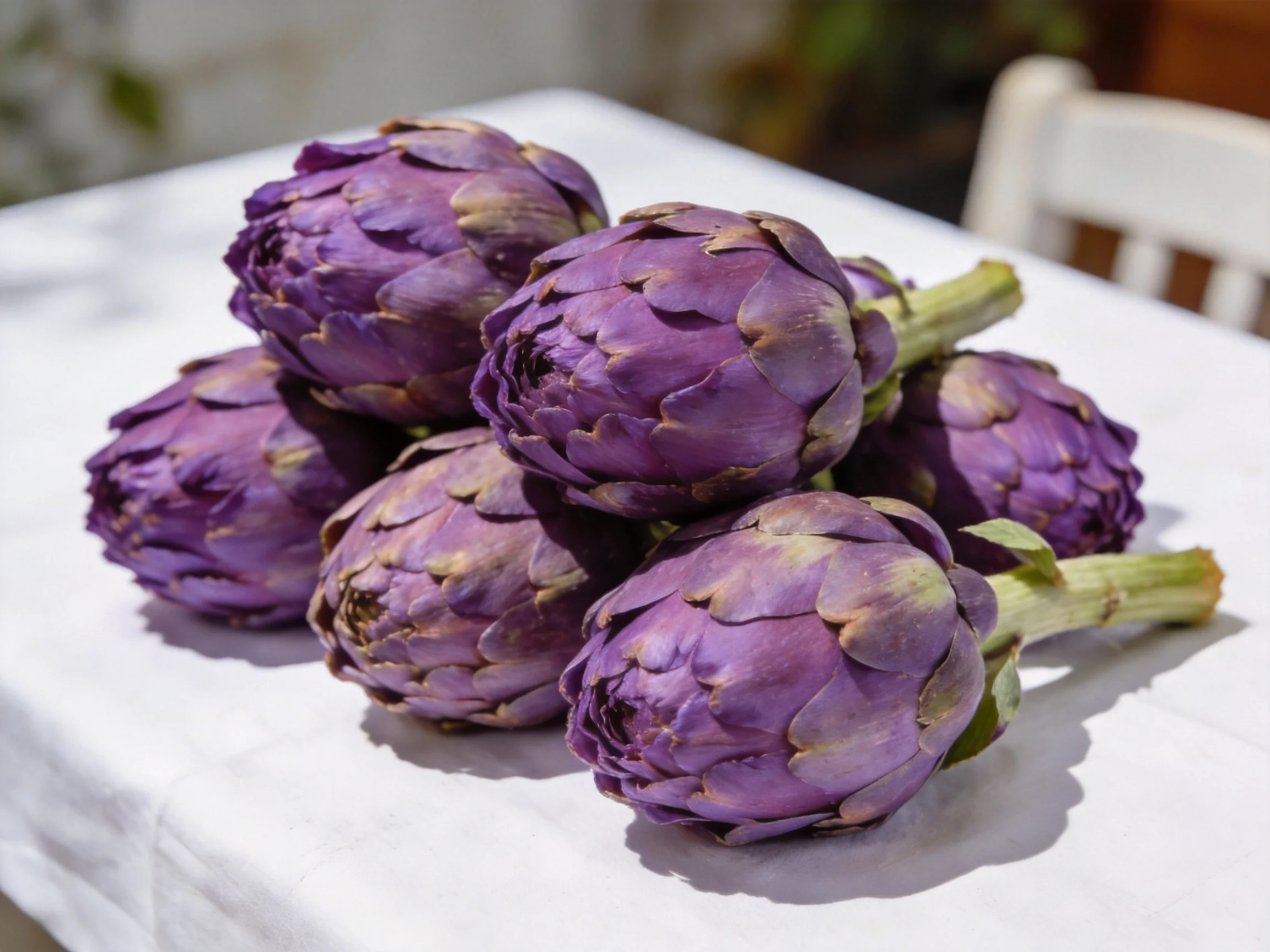 Six vibrant purple artichokes arranged on a white tablecloth