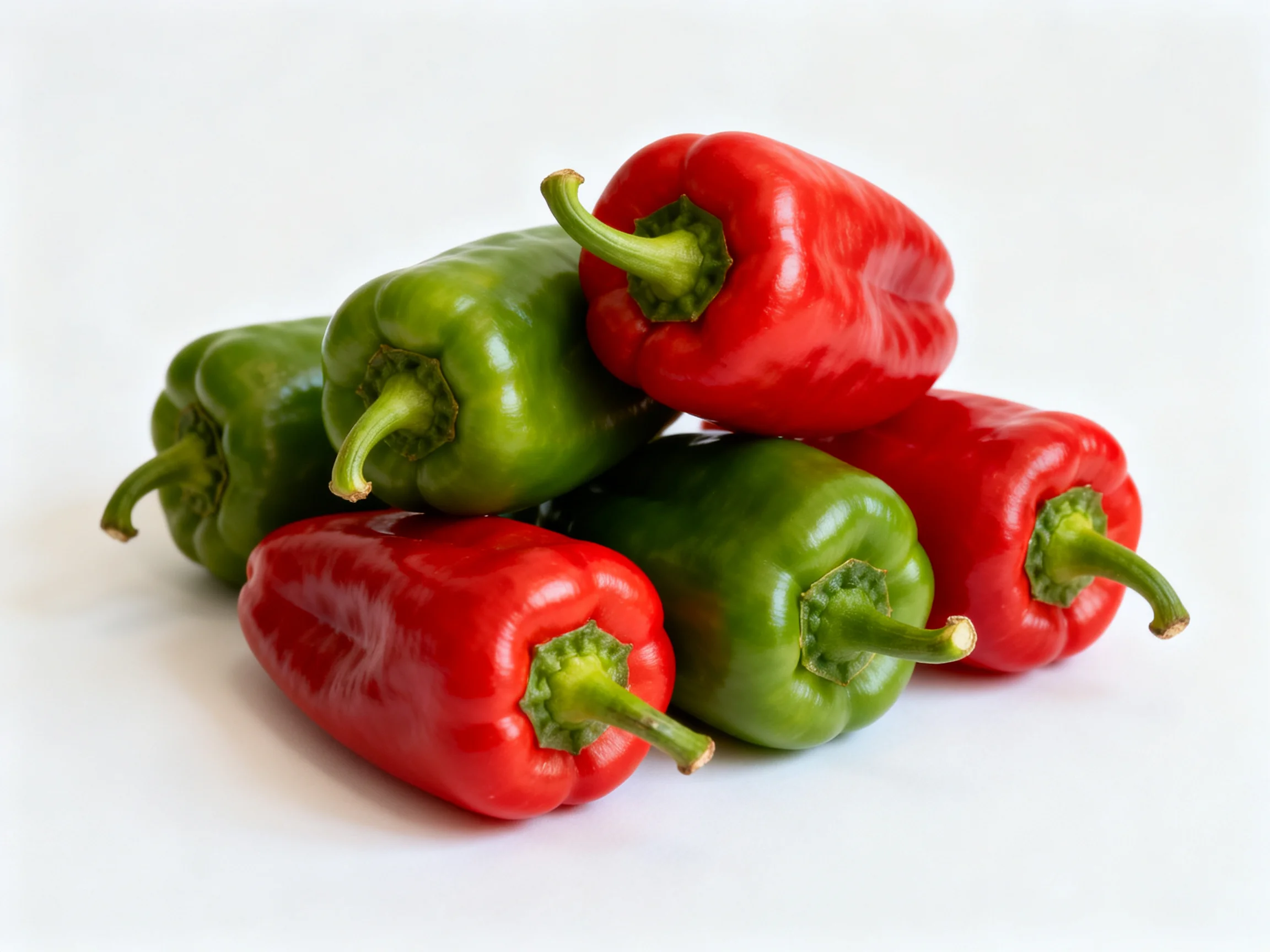 Six vibrant red and green bell peppers clustered together
