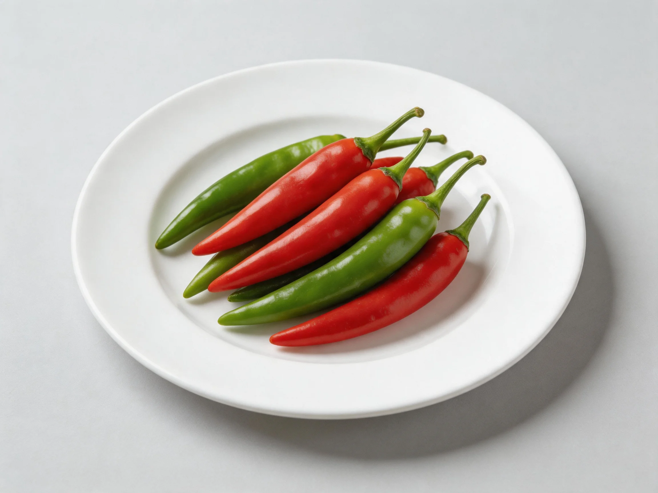 Six vibrant red and green chili peppers arranged on a white plate