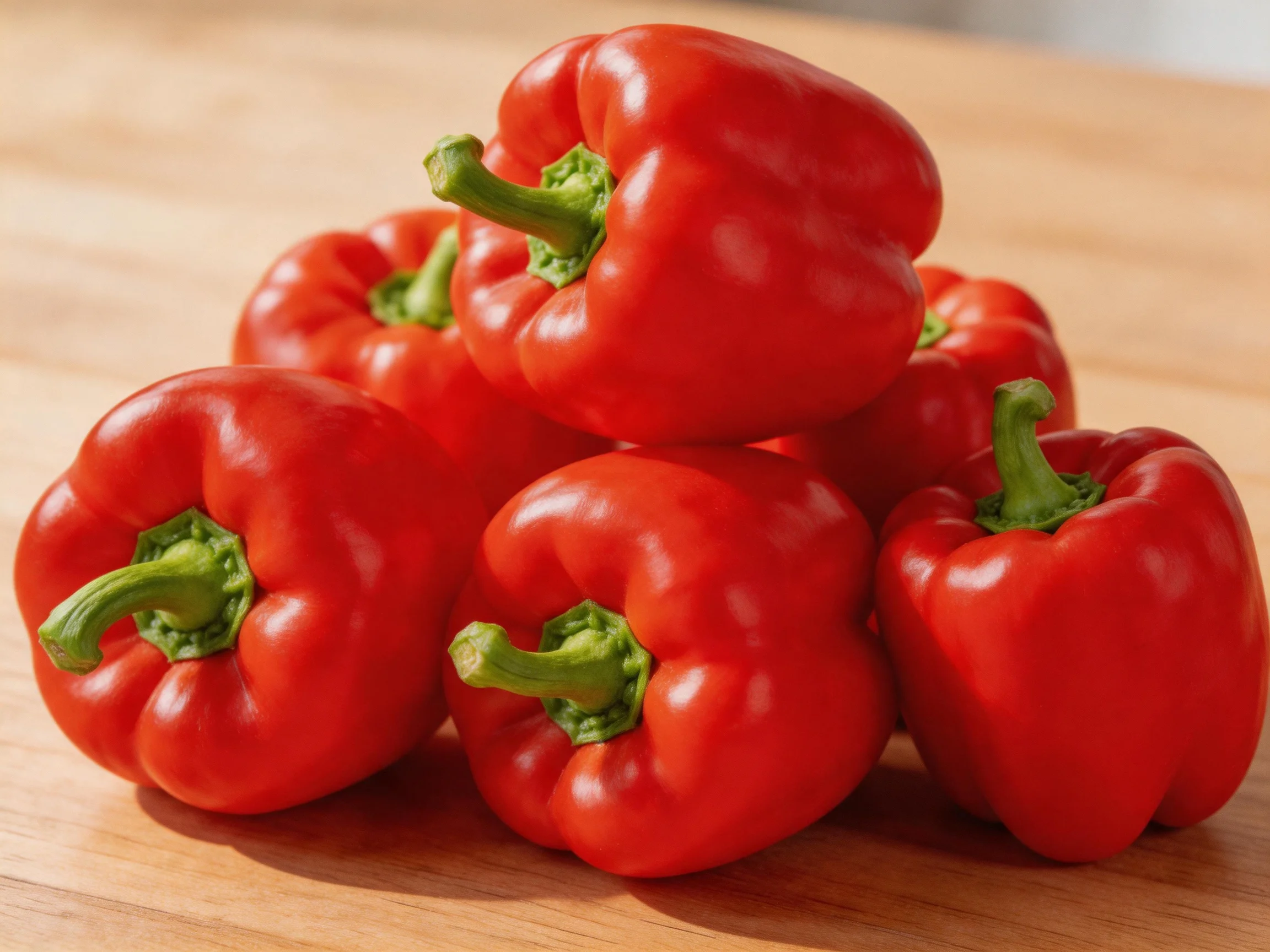 Six vibrant red bell peppers arranged on a wooden cutting board