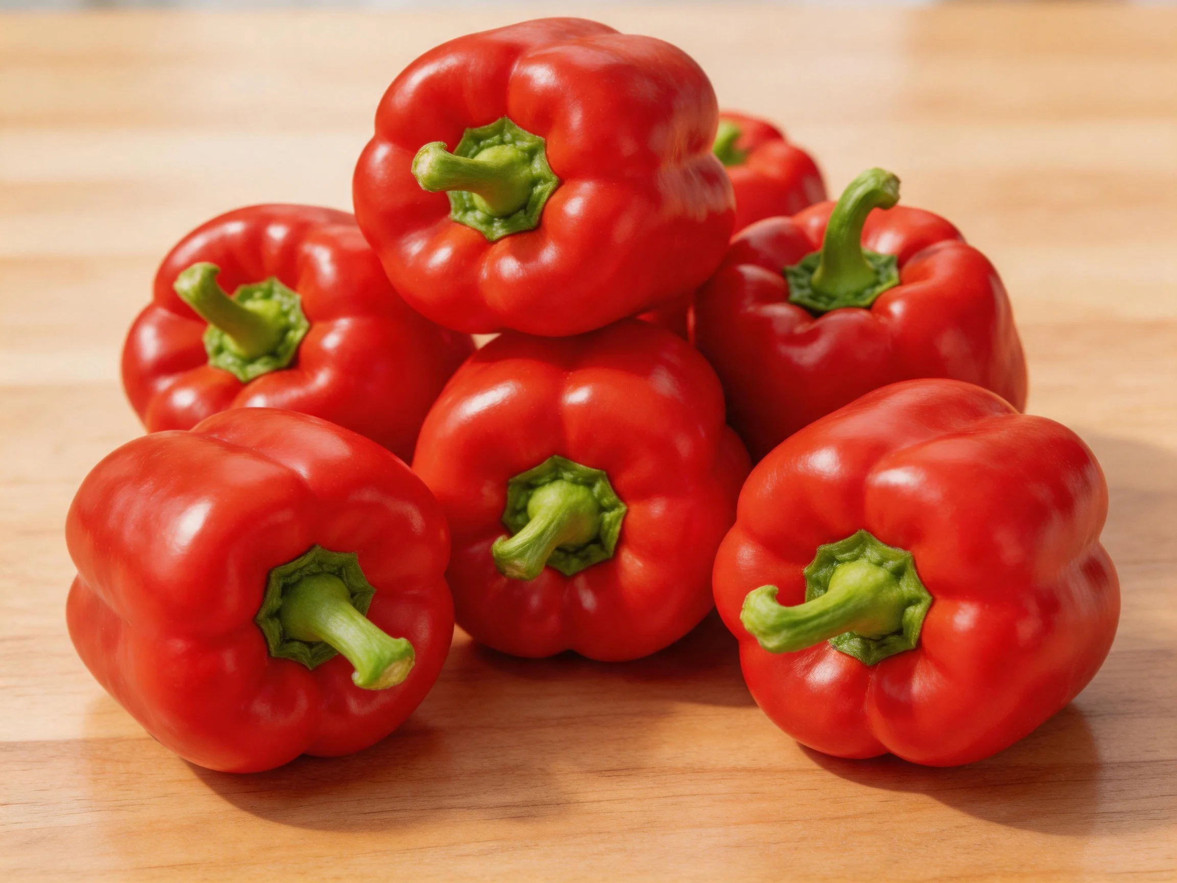 Six vibrant red bell peppers arranged on a wooden surface