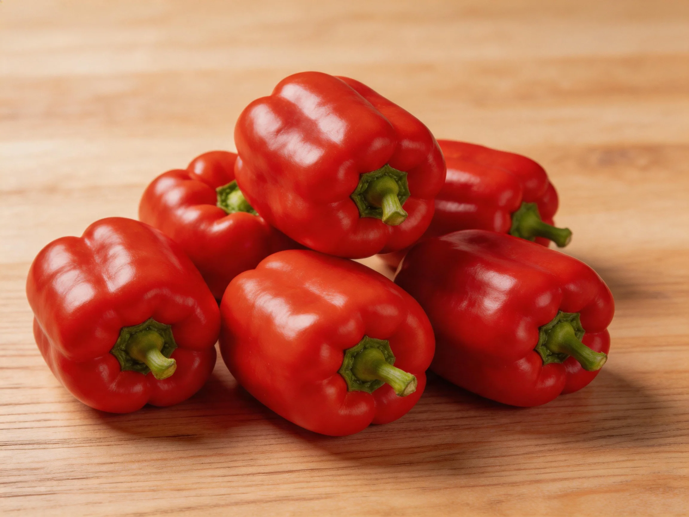 Six vibrant red bell peppers arranged on a wooden surface