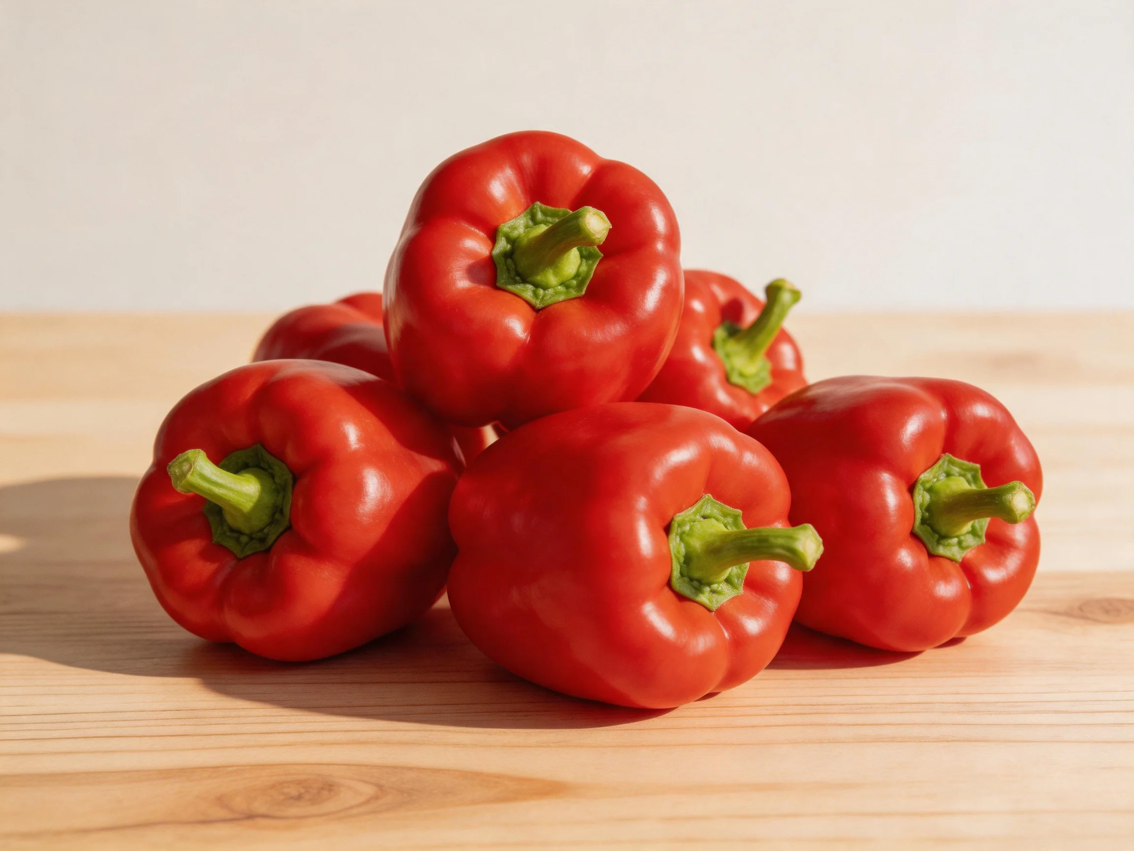 Six vibrant red bell peppers stacked on a light wood surface