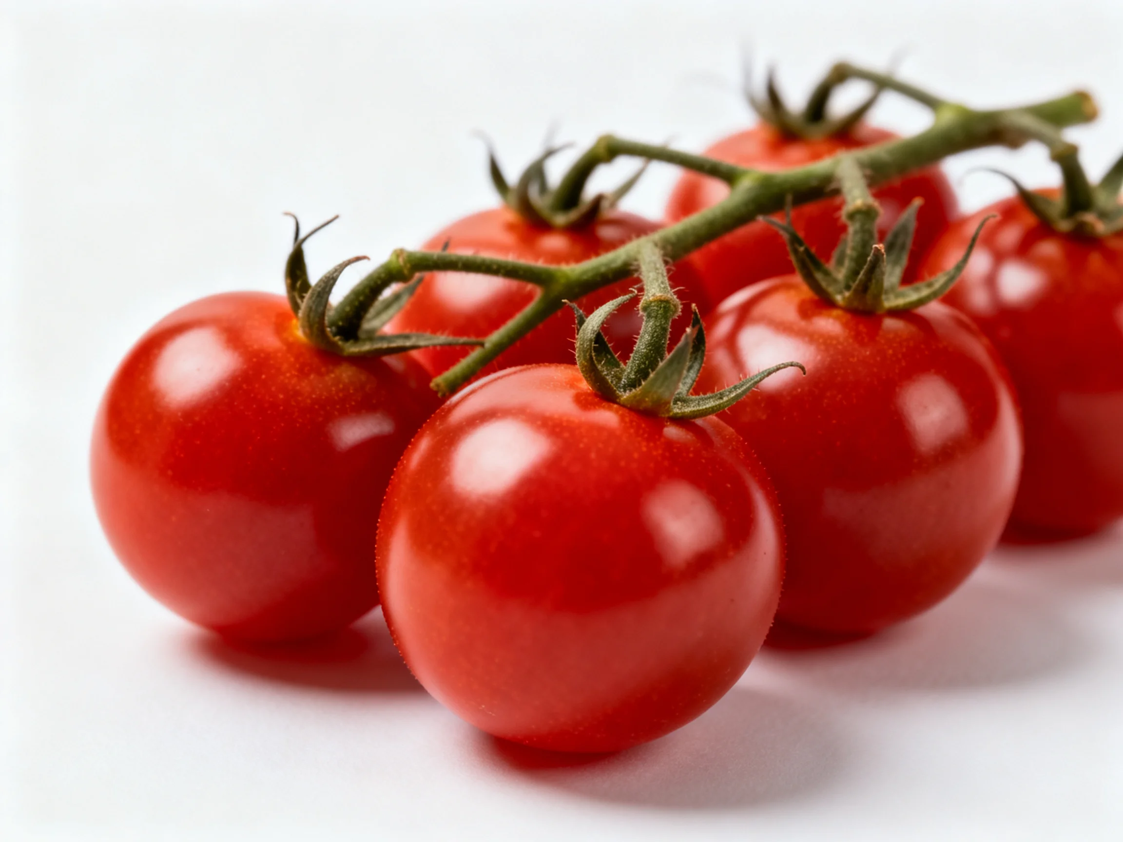Six vibrant red cherry tomatoes clustered on a green vine