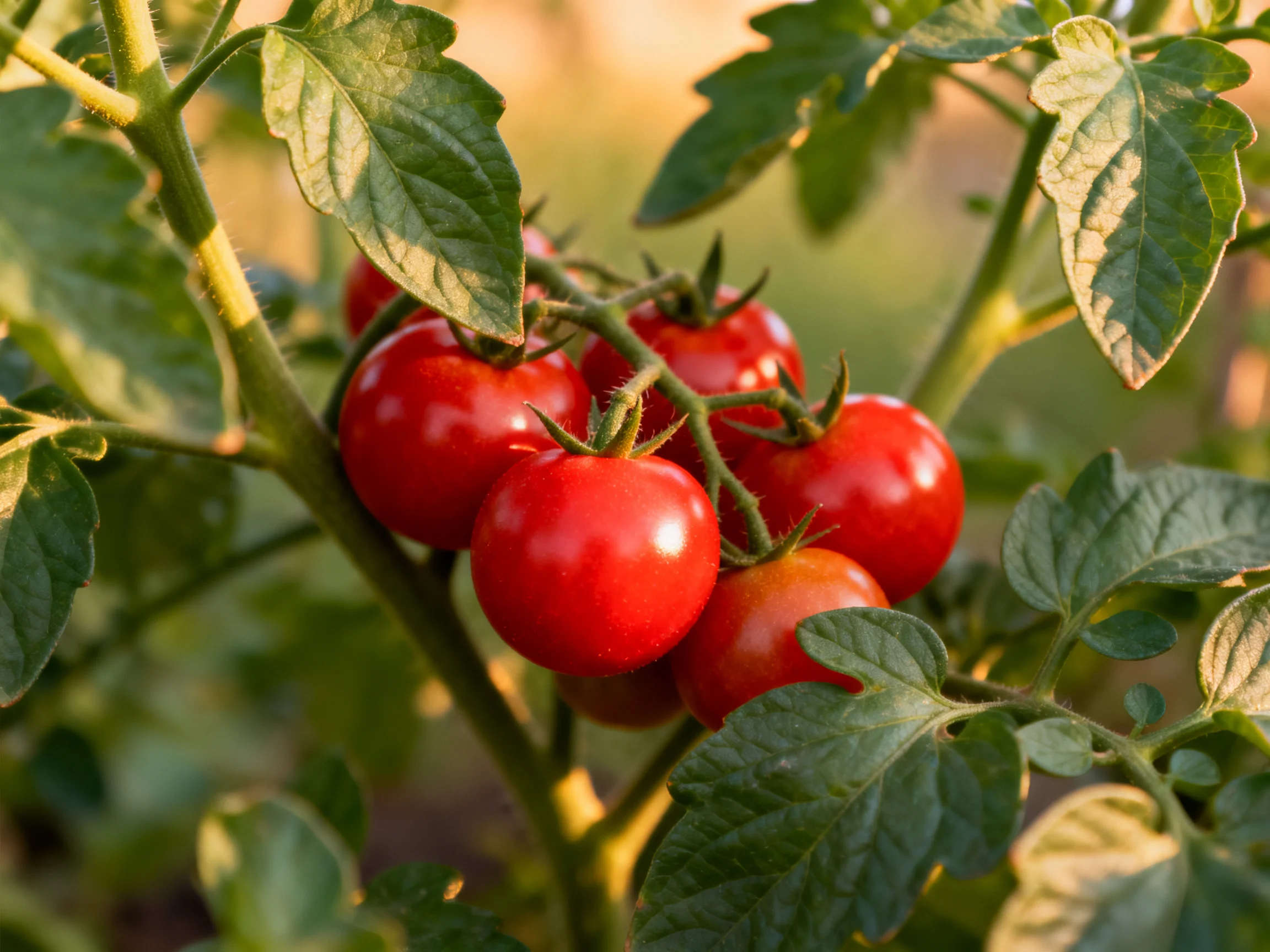 Six vibrant red cherry tomatoes clustered on a leafy vine