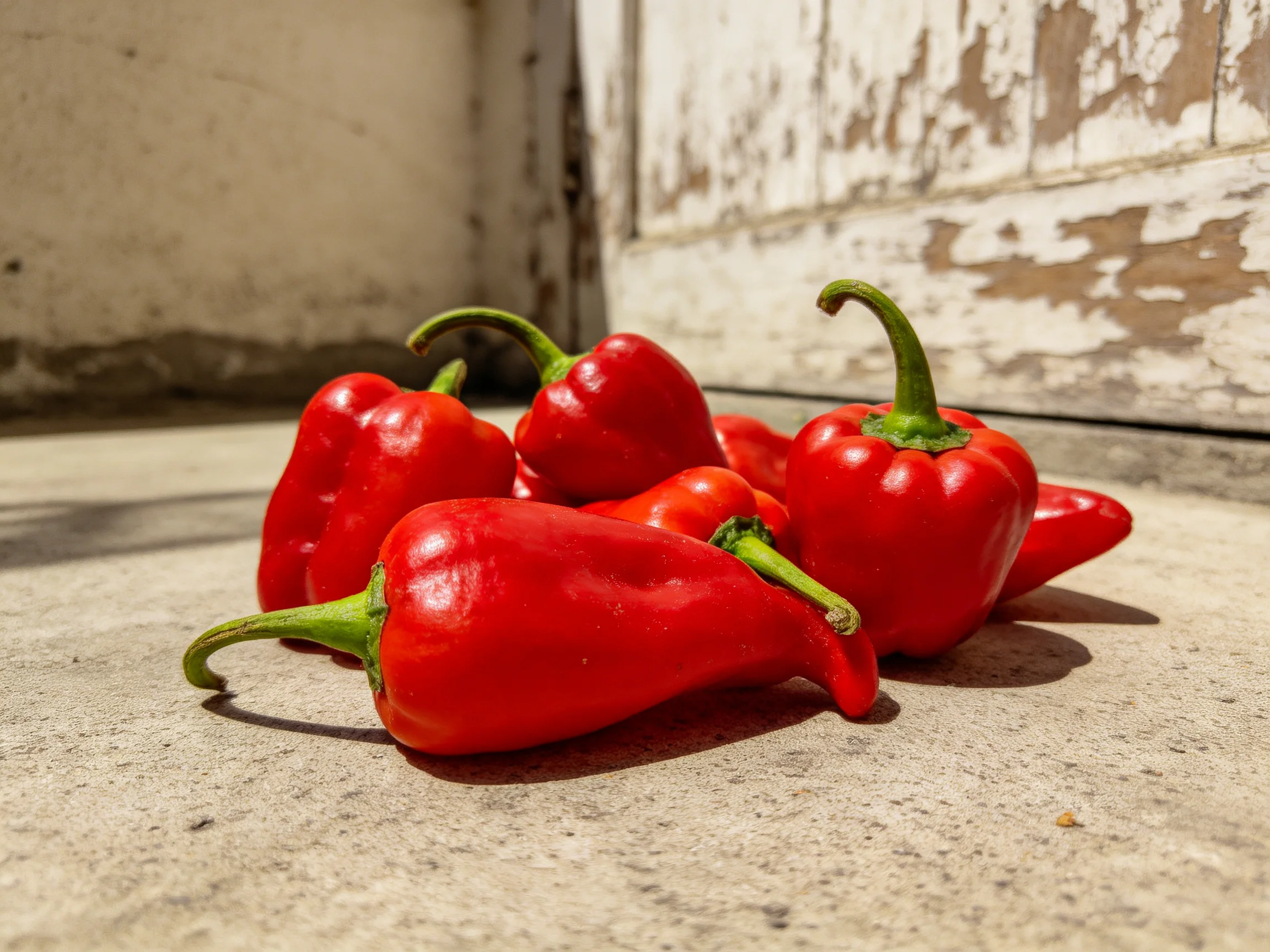 Six vibrant red peppers arranged on a weathered concrete surface near an old white wall