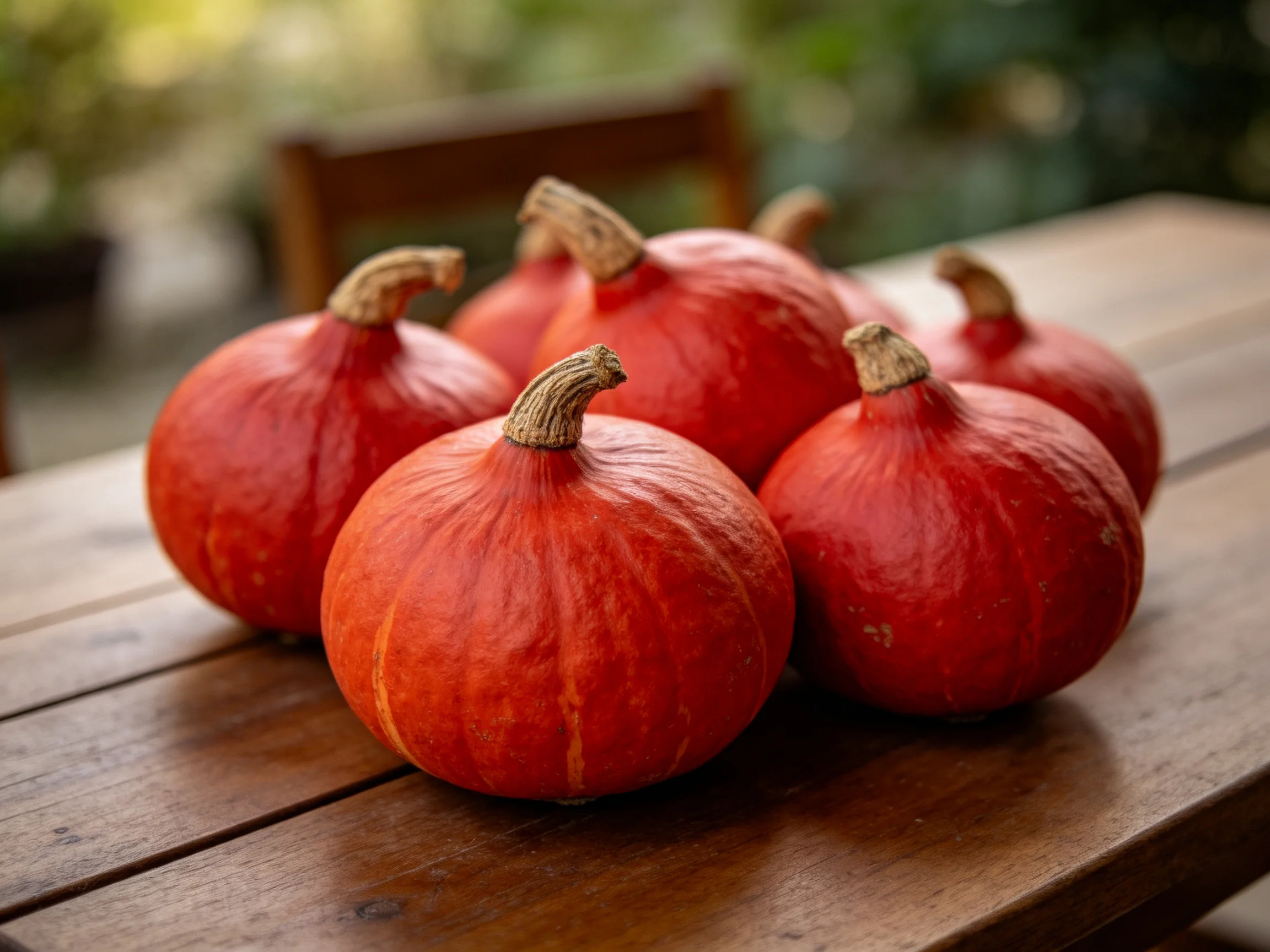 Six vibrant red pumpkins arranged on a polished wooden table