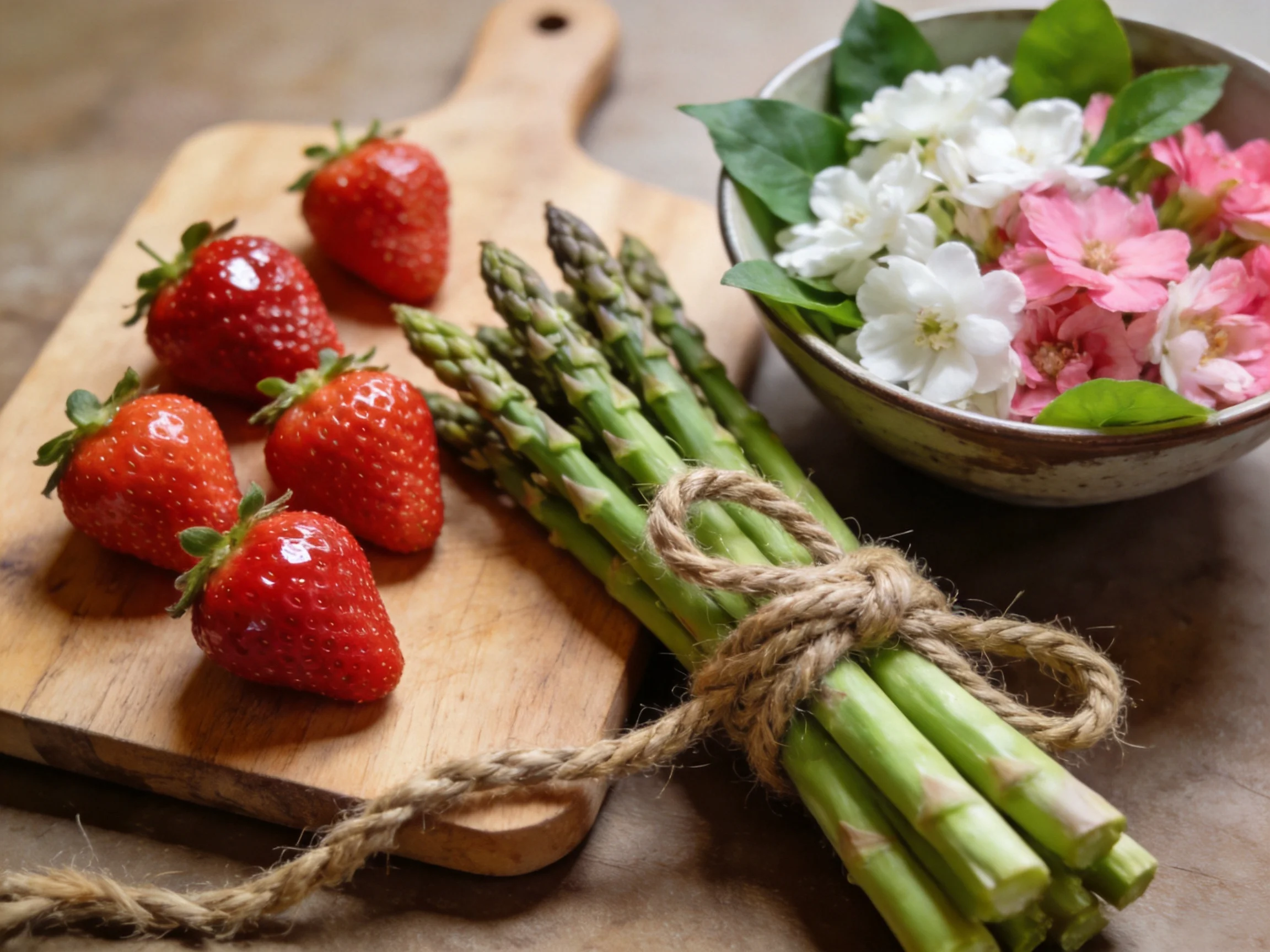 Six vibrant strawberries, fresh green asparagus, and a bowl of pink and white flowers