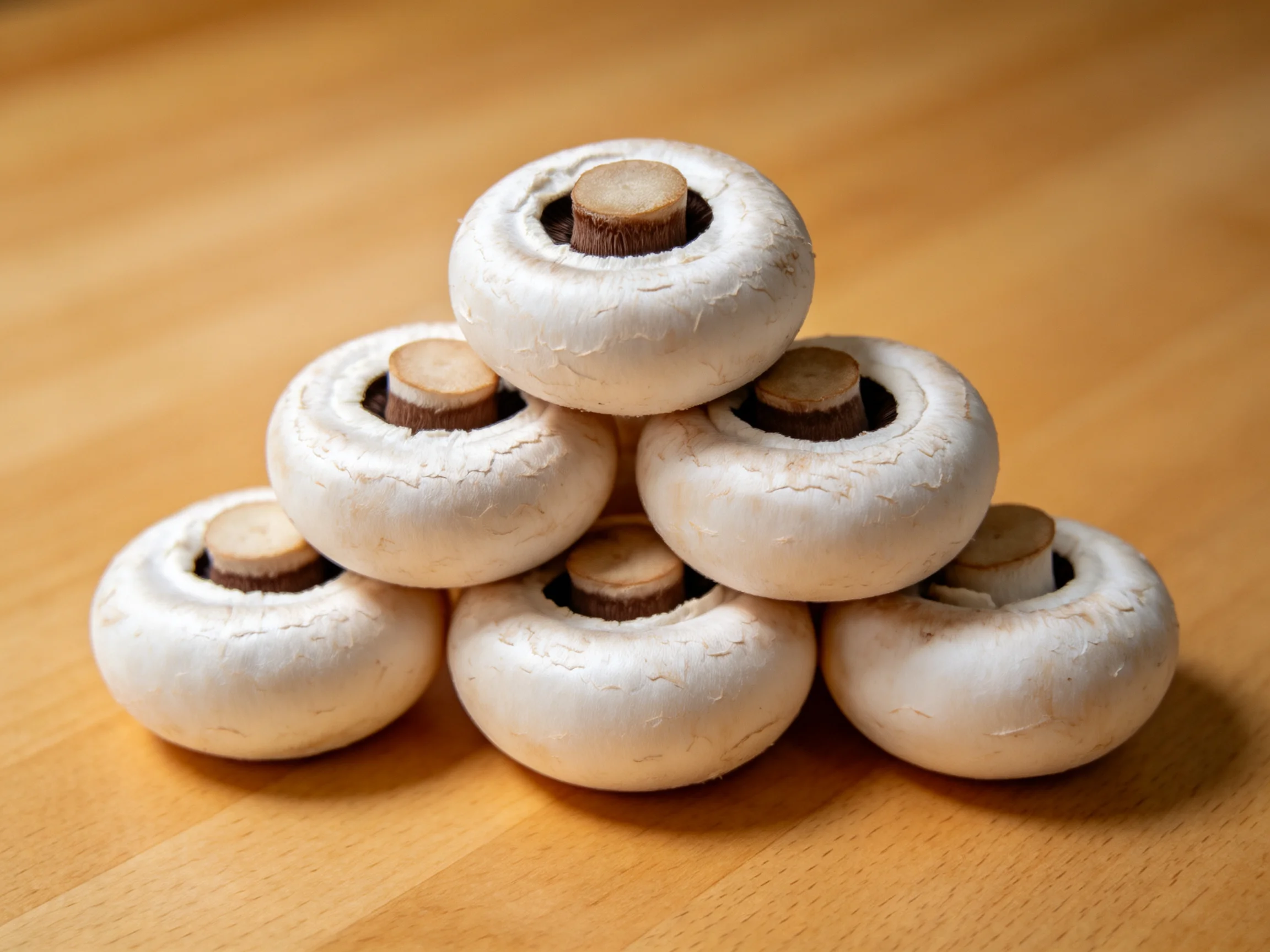 Six white button mushrooms arranged in a pyramid on a wooden surface