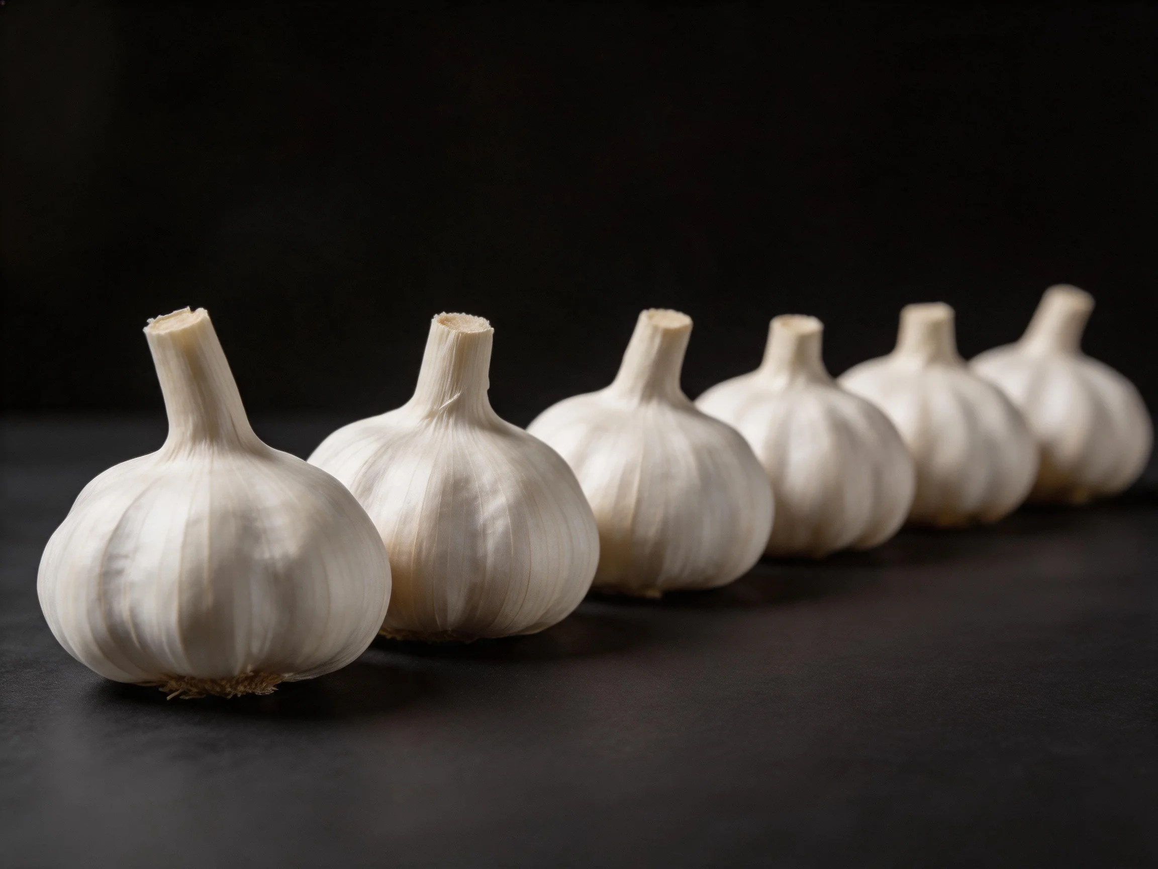 Six white garlic bulbs are lined up horizontally on a dark surface