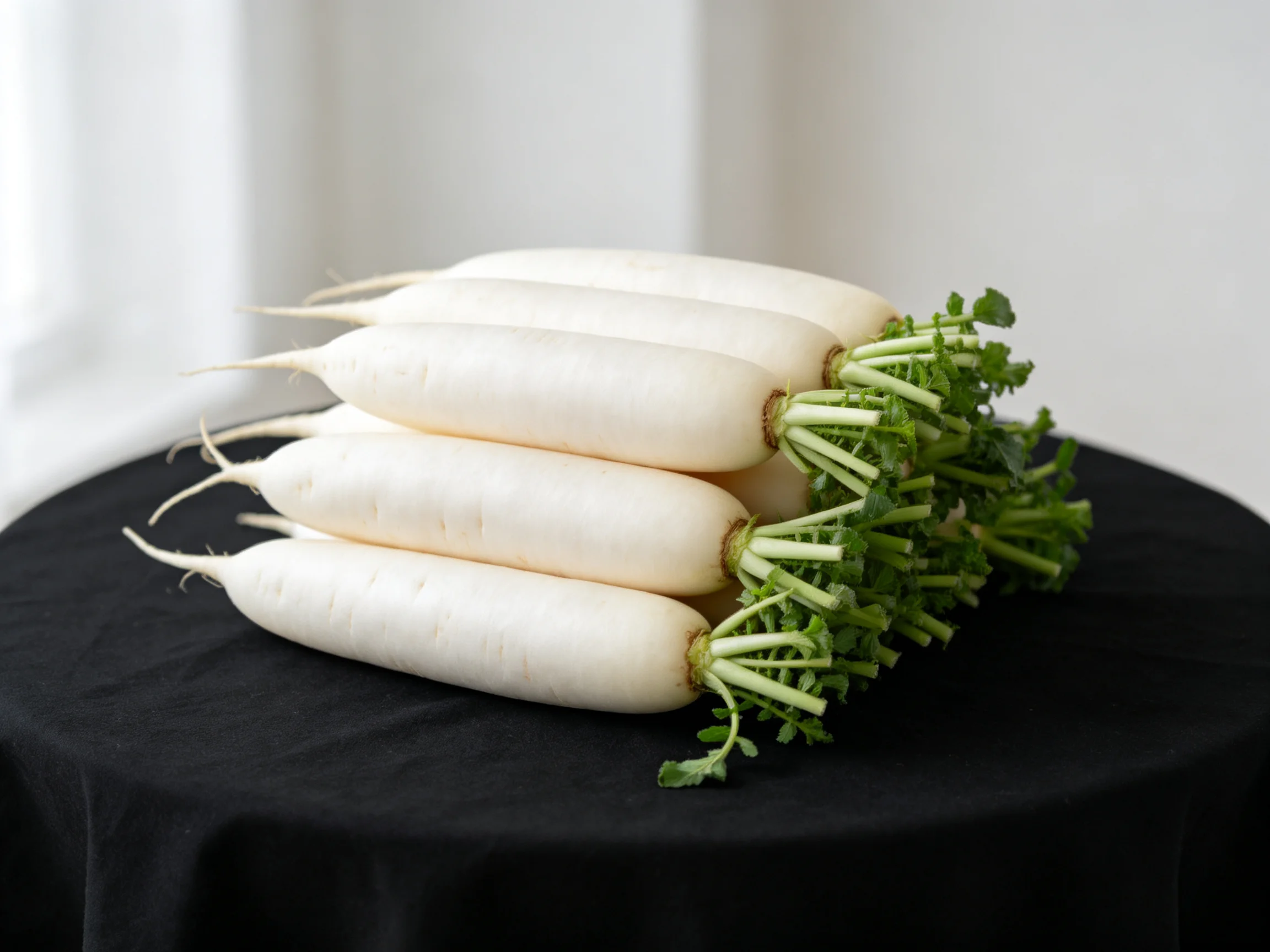 Six white radishes with green leafy tops on a black tablecloth
