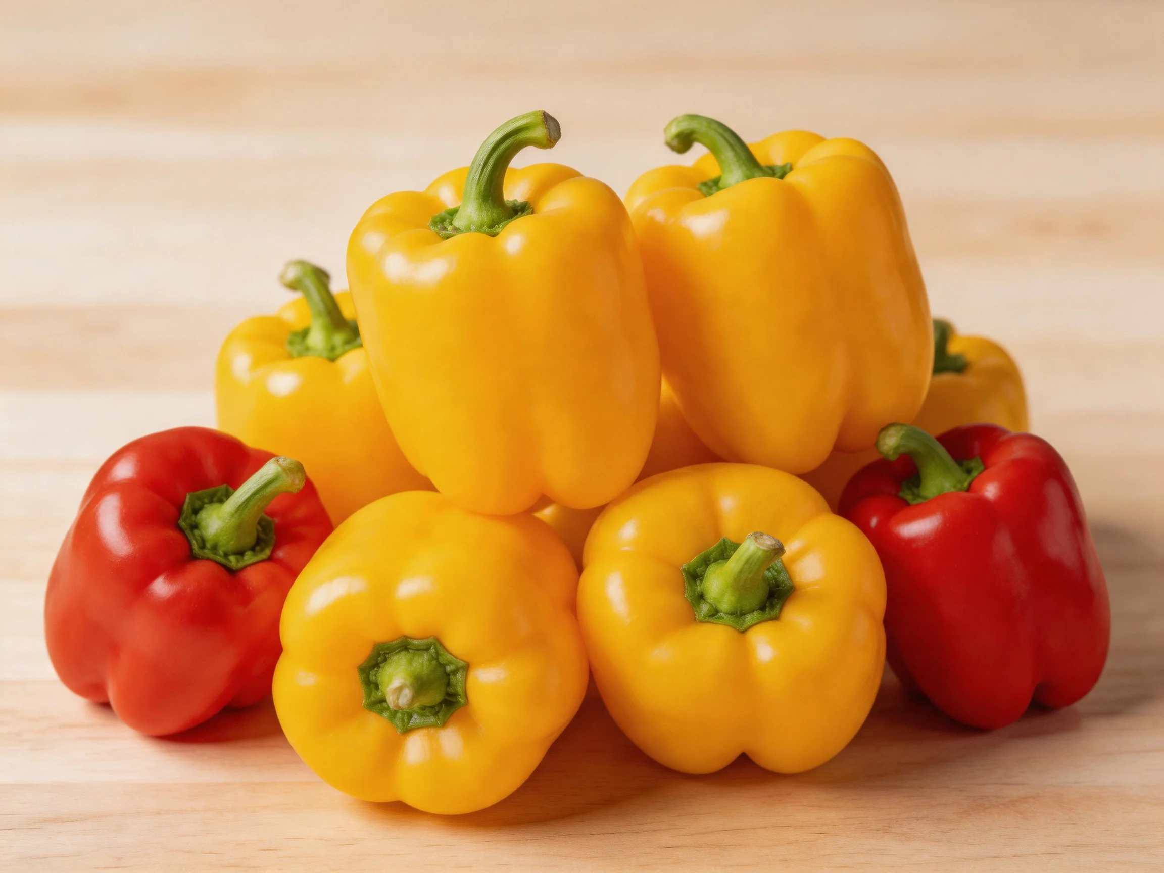 Six yellow and two red bell peppers clustered on a wooden surface.