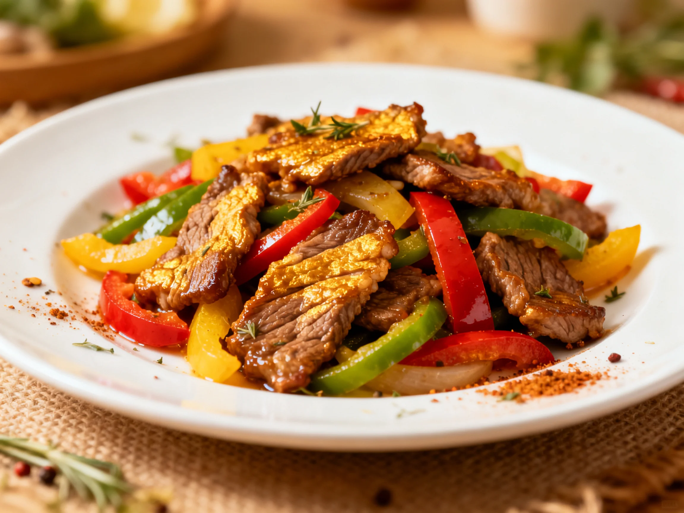 Sizzling beef strips with vibrant bell peppers and fresh herbs